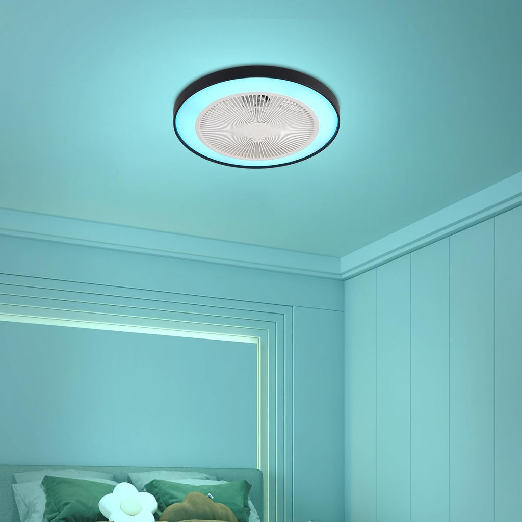 RGB Ceiling Fan with Lights, Bladeless Fans, 48cm/18.89inch Enclosed Lights Fixtures Low Profile Flush Mount Fans Reversible 6 Wind Speeds Dimmable Remote Control Bedroom Timing, (Black)
