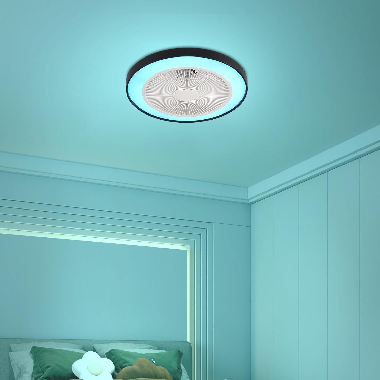 RGB Ceiling Fan with Lights, Bladeless Fans, 48cm/18.89inch Enclosed Lights Fixtures Low Profile Flush Mount Fans Reversible 6 Wind Speeds Dimmable Remote Control Bedroom Timing, (Black)