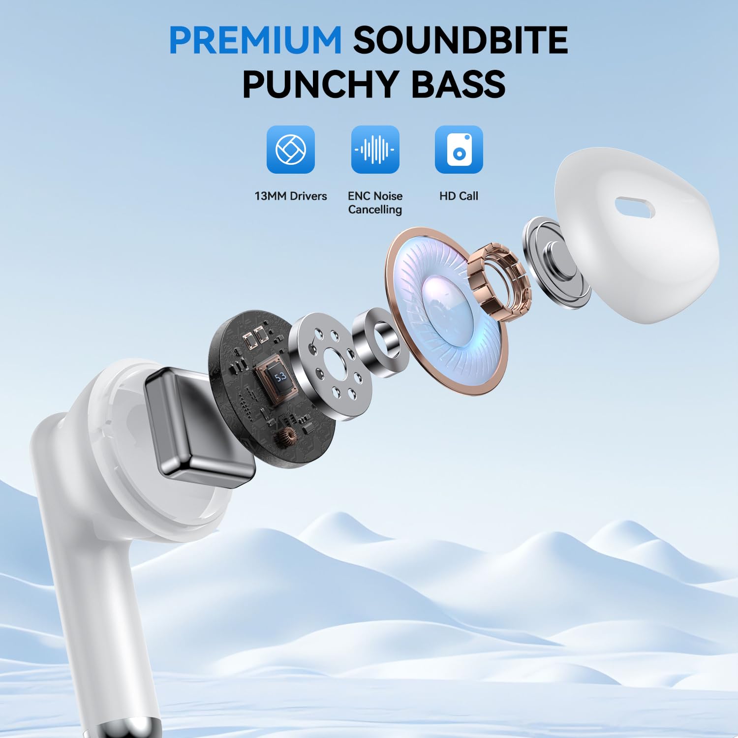 Wireless Earbuds, Bluetooth 5.4 Bass Stereo Headphones with 4 ENC Mic, 50H Playback Ear Buds with Charging Case LED Display,Sport Earphones IPX7 Waterproof for Phone, Android, Pad, Brightening