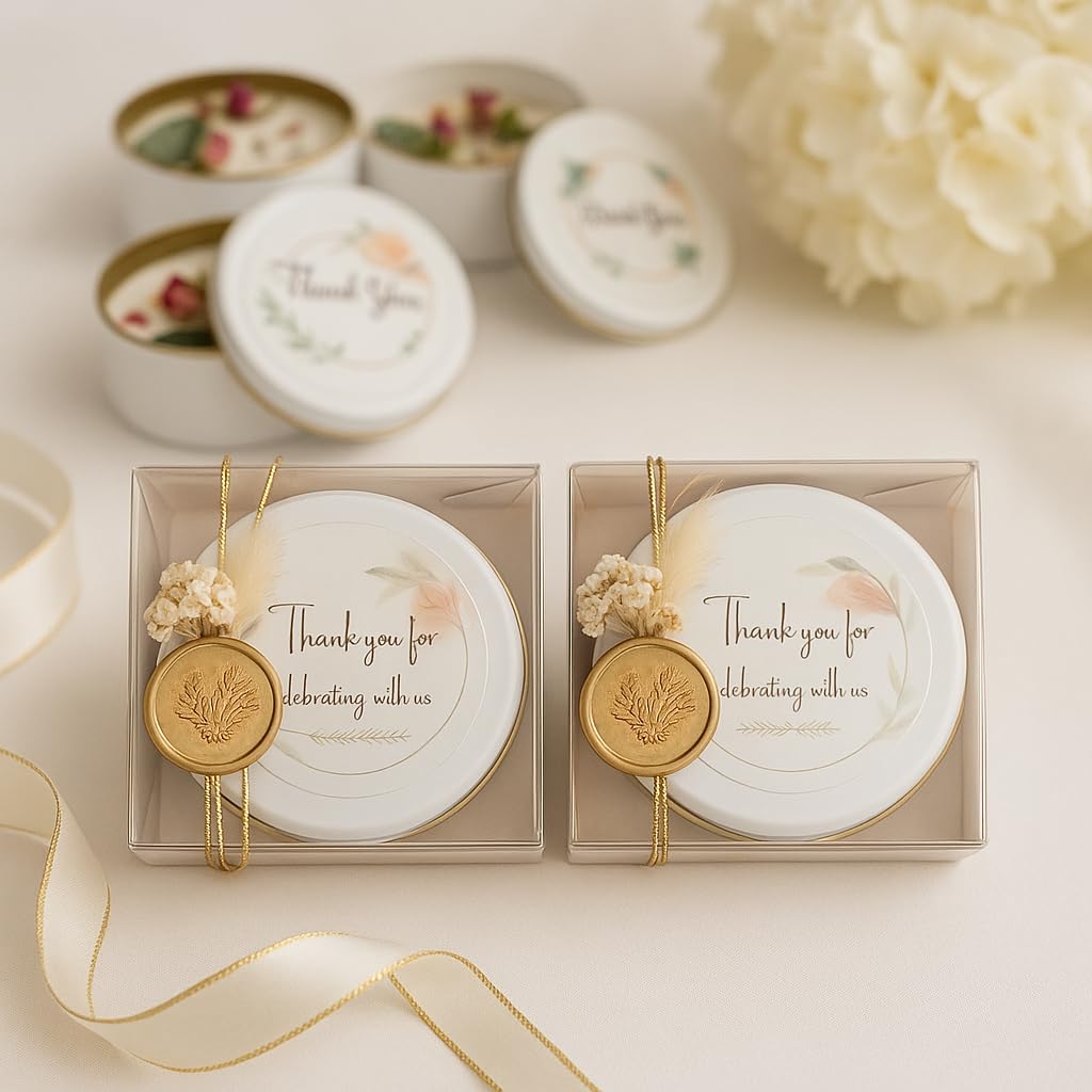 Personalized Wedding Favor Candle Set with Sealed Gift Box – Bulk Soy Wax Candles with Dried Flowers, Custom Name Label – Bridal Shower, Baby Shower, Birthday Guest Gifts (10–200 pcs)