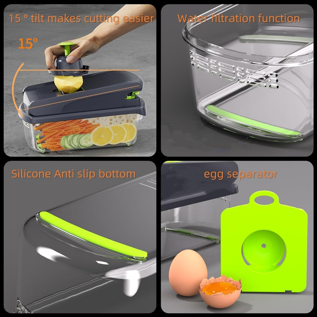 Vegetable Chopper with Container, 13-in-1 Mandoline Slicer Dicer & Spiralizer, Onion Veggie Chopper, Potato Fry Cutter, Manual Food Chopper, Kitchen Tools Gadgets