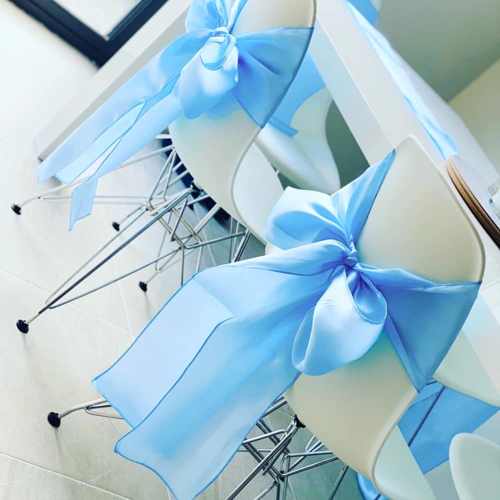 50 Baby Blue Chair Sashes Satin Chair Bows for Wedding Birthday Party Fiesta Decor - 7x108 Inches Ribbons Ties Fitted Banquets Folding Decorations