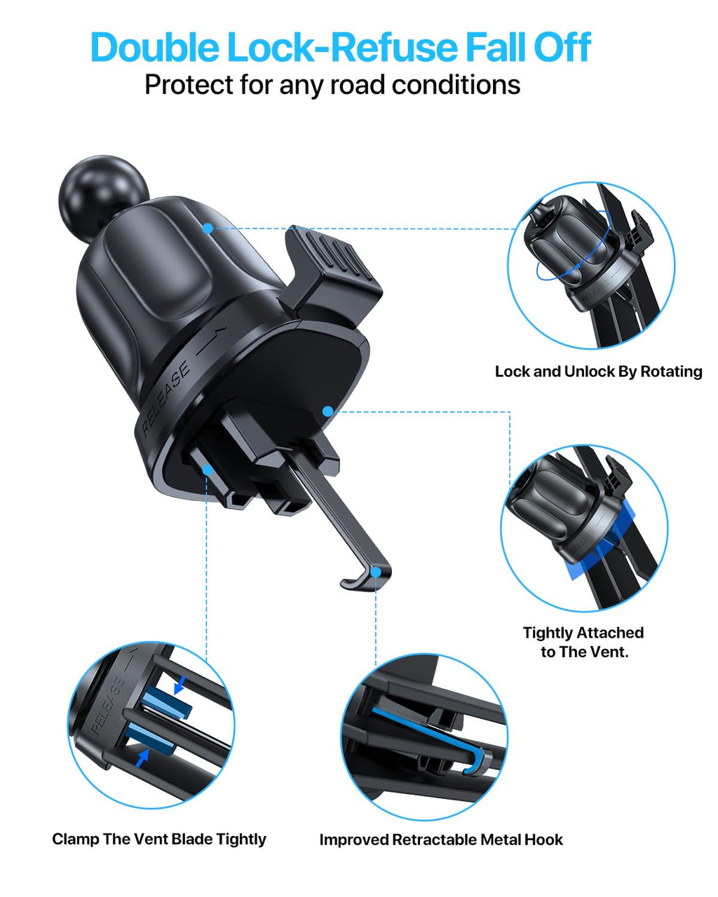 Miracase Phone Holder for Car Vent【2026 Wider Clamp & Metal Hook】 Car Phone Holder Mount for Vent Clip Hand Free Cell Phone Car Mount for iPhone 17 Pro Max 16 15 14 13 12 Samsung S25 Car Accesorries