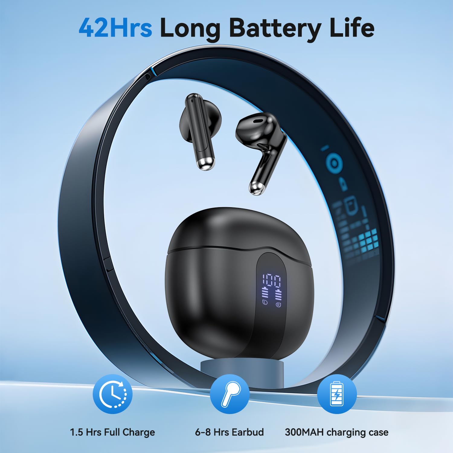 Wireless Earbuds, Bluetooth 5.4 Bass Stereo Headphones with 4 ENC Mic, 50H Playback Ear Buds with Charging Case LED Display,Sport Earphones IPX7 Waterproof for Phone, Android, Pad, Brightening