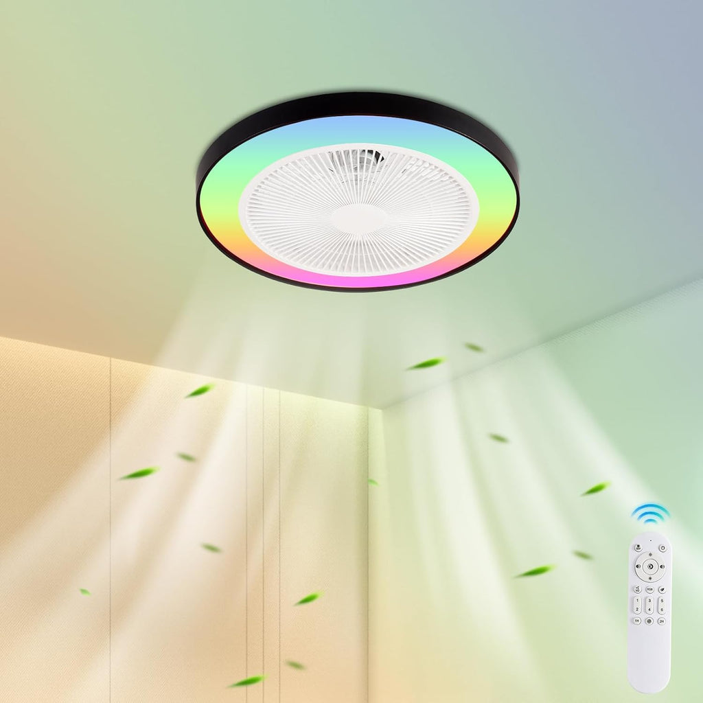 RGB Ceiling Fan with Lights, Bladeless Fans, 48cm/18.89inch Enclosed Lights Fixtures Low Profile Flush Mount Fans Reversible 6 Wind Speeds Dimmable Remote Control Bedroom Timing, (Black)