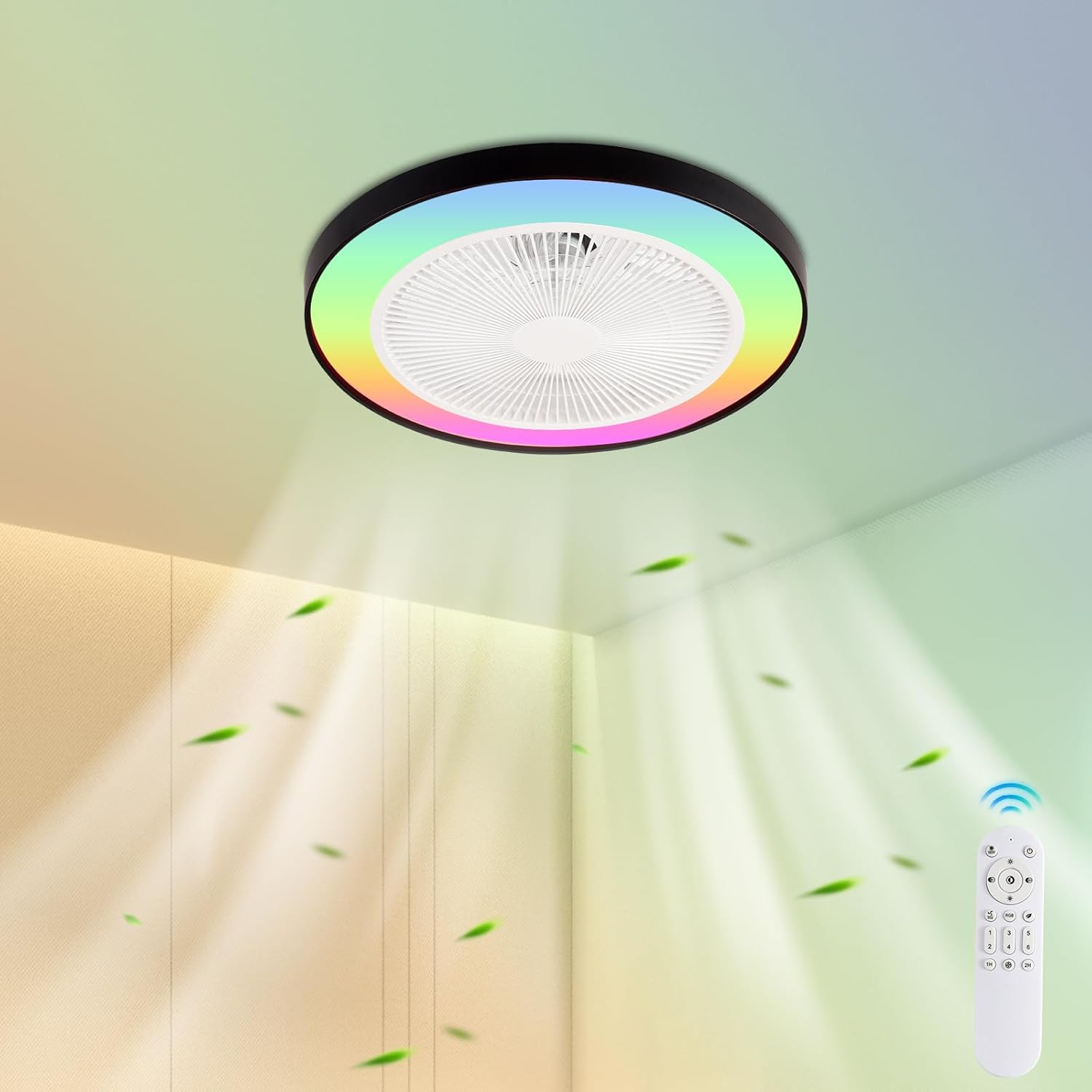 RGB Ceiling Fan with Lights, Bladeless Fans, 48cm/18.89inch Enclosed Lights Fixtures Low Profile Flush Mount Fans Reversible 6 Wind Speeds Dimmable Remote Control Bedroom Timing, (Black)
