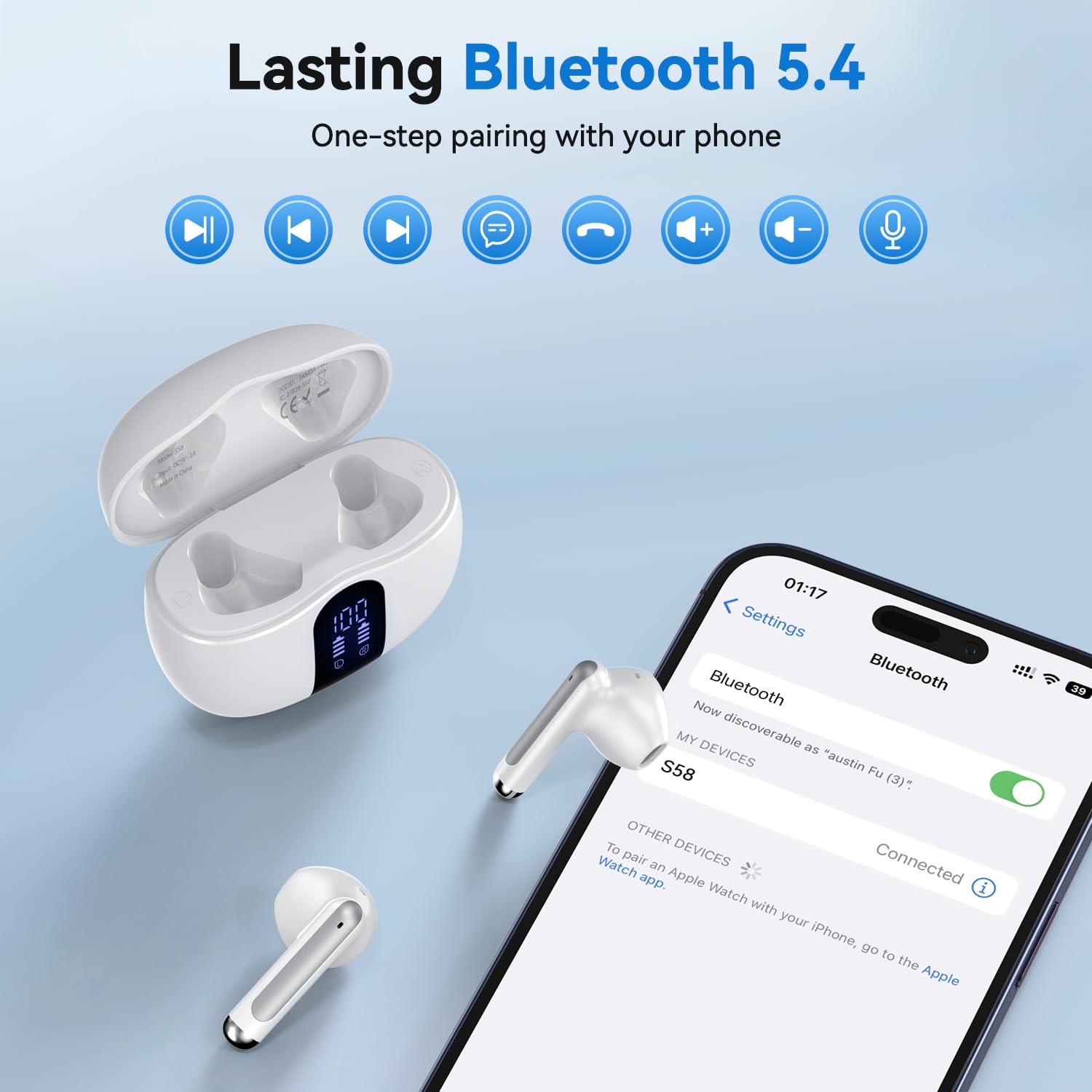 Wireless Earbuds, Bluetooth 5.4 Bass Stereo Headphones with 4 ENC Mic, 50H Playback Ear Buds with Charging Case LED Display,Sport Earphones IPX7 Waterproof for Phone, Android, Pad, Brightening