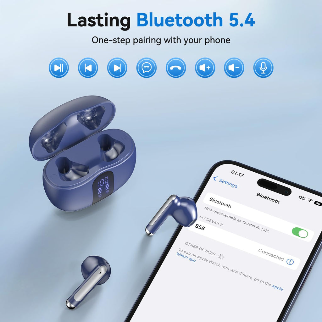Wireless Earbuds, Bluetooth 5.4 Bass Stereo Headphones with 4 ENC Mic, 50H Playback Ear Buds with Charging Case LED Display,Sport Earphones IPX7 Waterproof for Phone, Android, Pad, Brightening