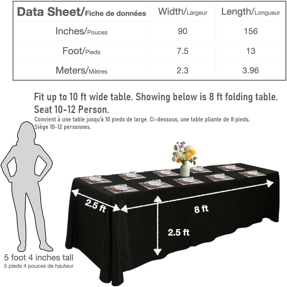 Urby Tablecloth for 6-8ft Rectangle Tables 8-12 Person, Nappe de Table rectangulaire, Machine Washable Polyester Table Cloths. XXL. White. 90'' x 132''
