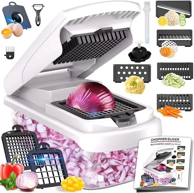 Vegetable Chopper with Container, 13-in-1 Mandoline Slicer Dicer & Spiralizer, Onion Veggie Chopper, Potato Fry Cutter, Manual Food Chopper, Kitchen Tools Gadgets