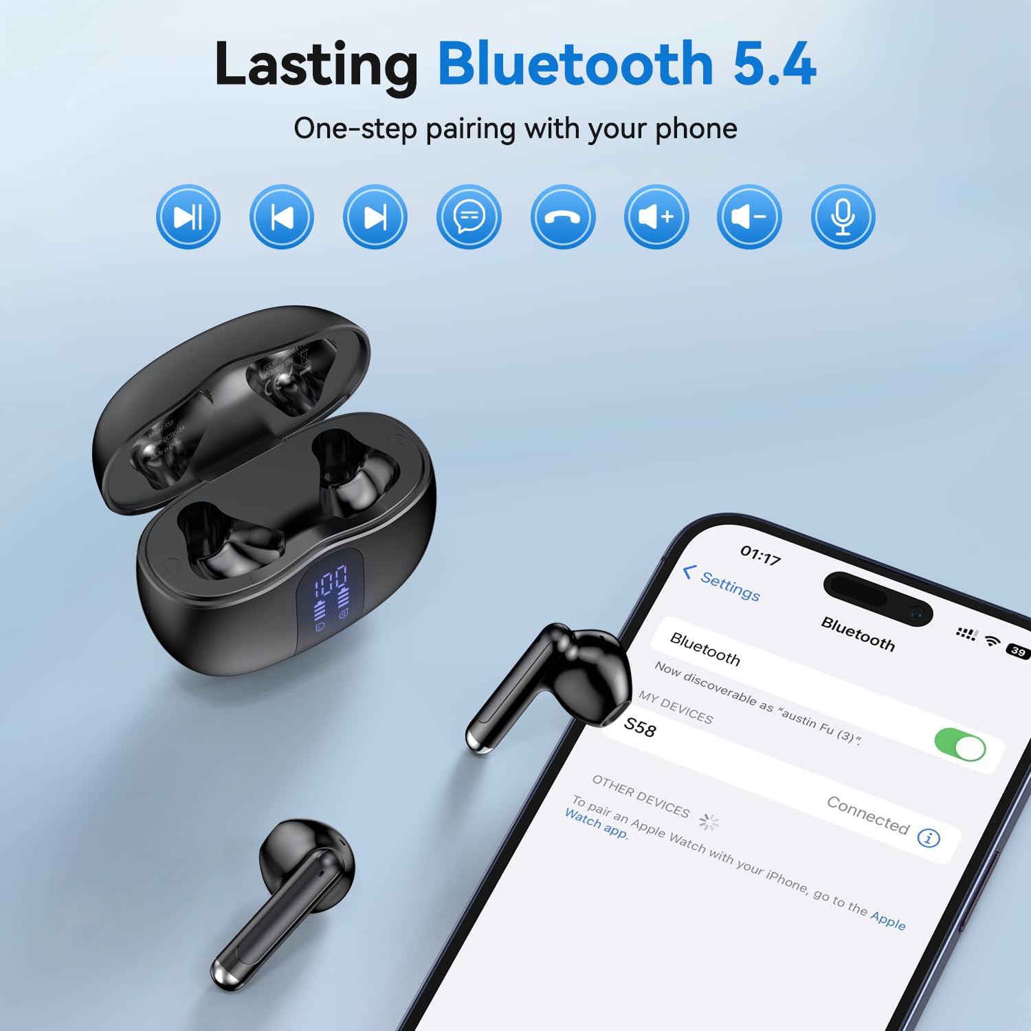 Wireless Earbuds, Bluetooth 5.4 Bass Stereo Headphones with 4 ENC Mic, 50H Playback Ear Buds with Charging Case LED Display,Sport Earphones IPX7 Waterproof for Phone, Android, Pad, Brightening