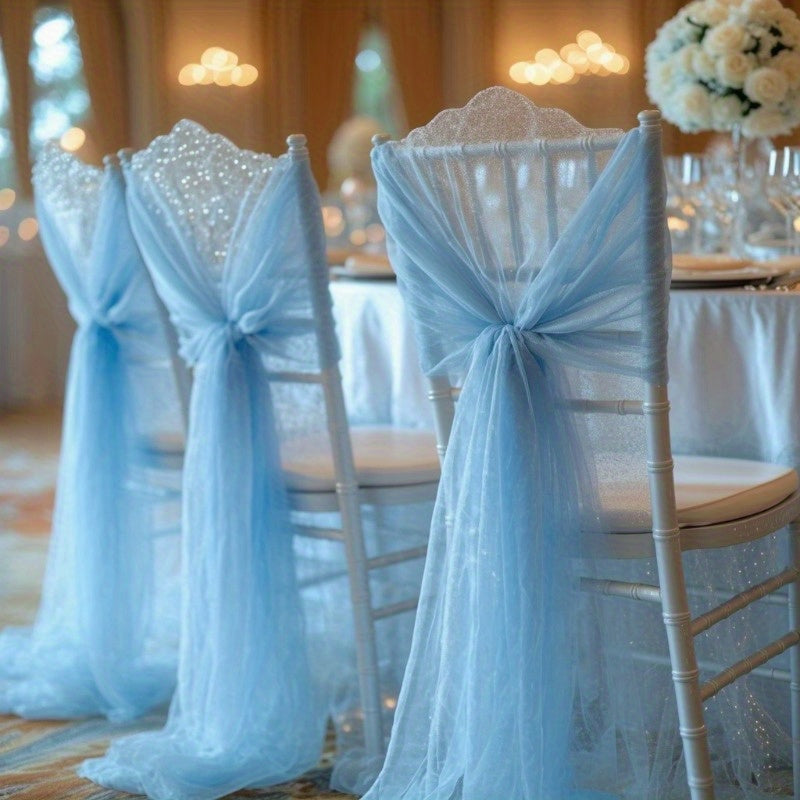 10pcs Light Blue Tulle Chair Sashes - Mesh Chair Back Decorations for Weddings, Banquets & Parties