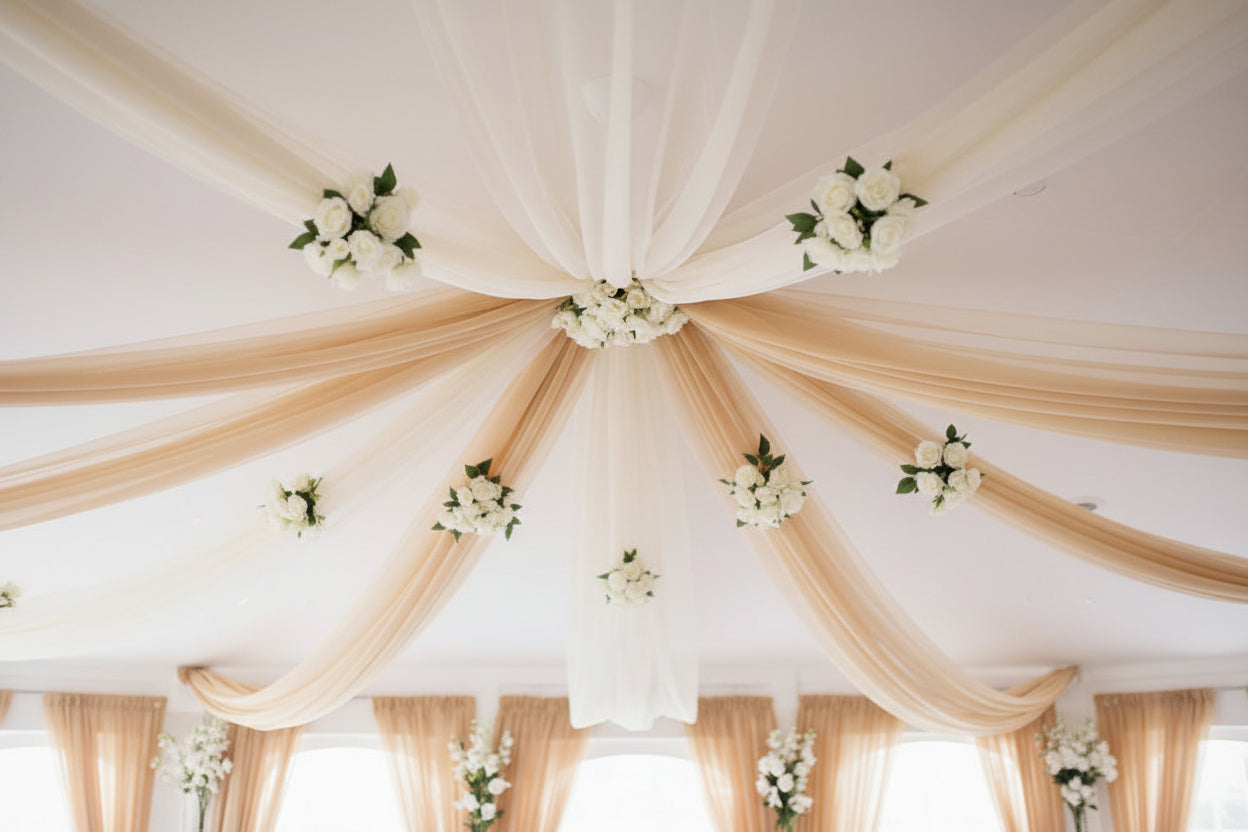 24' Silver Metallic Ceiling Drapes Hanging Kit - 6 Panels | Location Décor