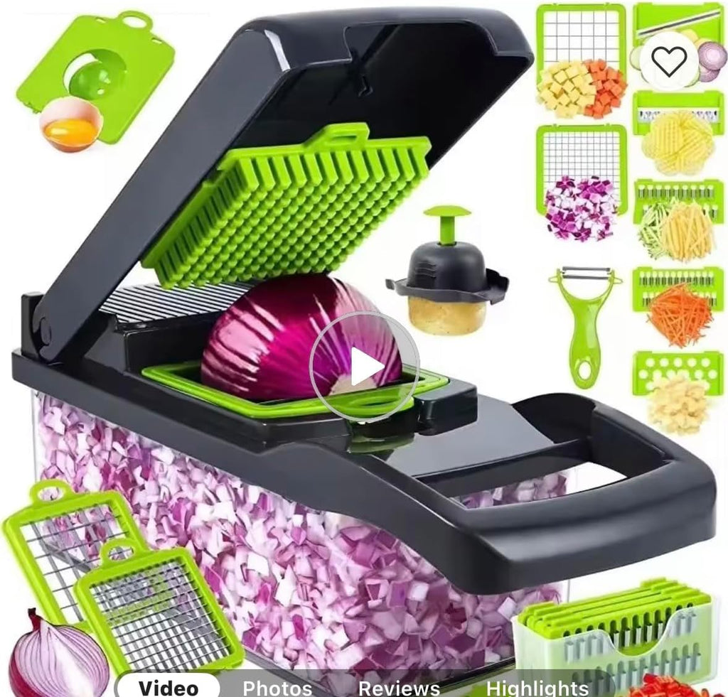 Multi-Function Vegetable Chopper and Mandoline Slicer, 12-in-1 Food Dicer with Collection Container, Black and Green Kitchen Cutter for Onions, Fruits, Vegetables