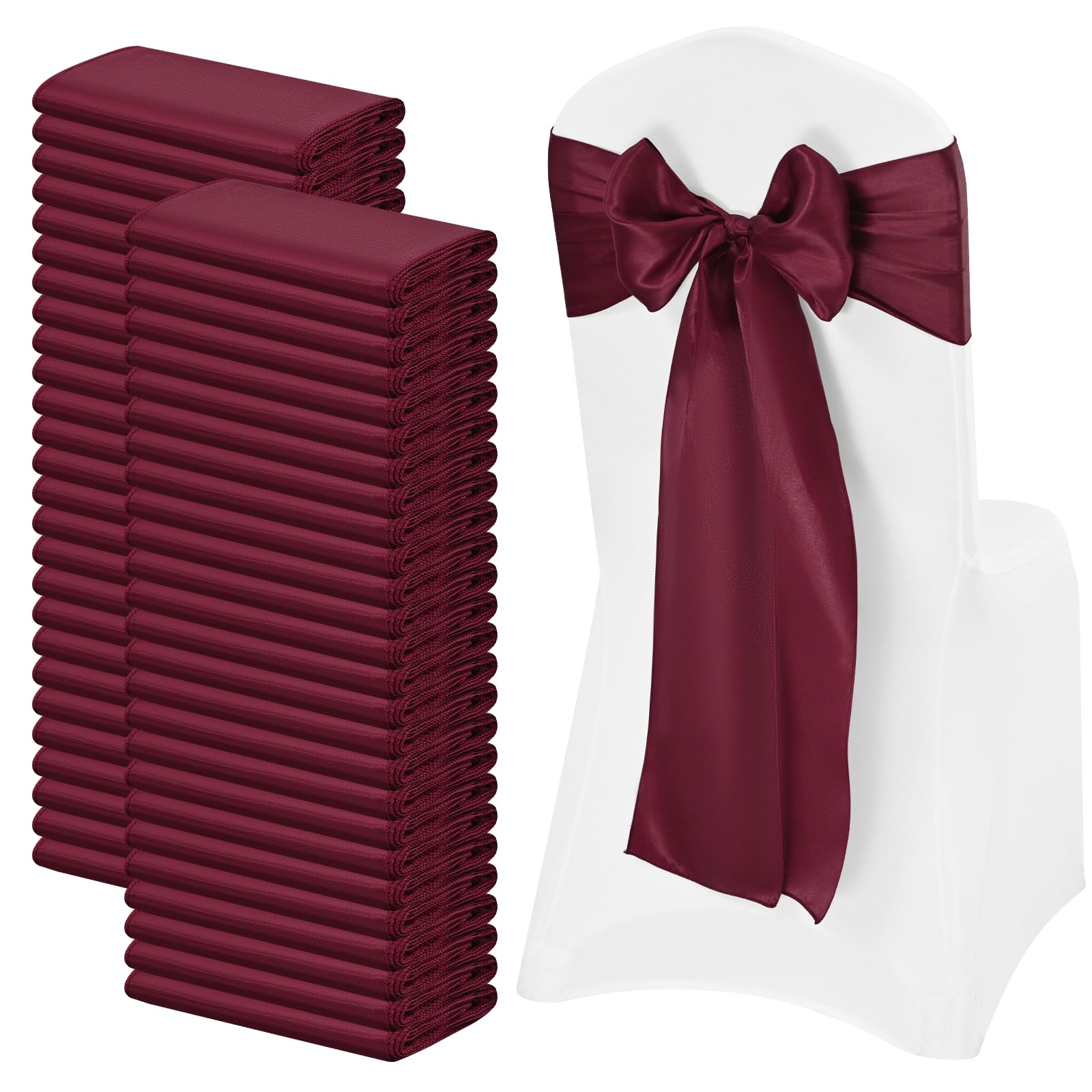 100 PCS Satin Chair Sashes Red Bows Sashes for Chair Covers, Washable Reusable Chair Cover Back Tie Supplies for Wedding Reception Events Banquets Home Kitchen Decoration (7 x 108 inch)