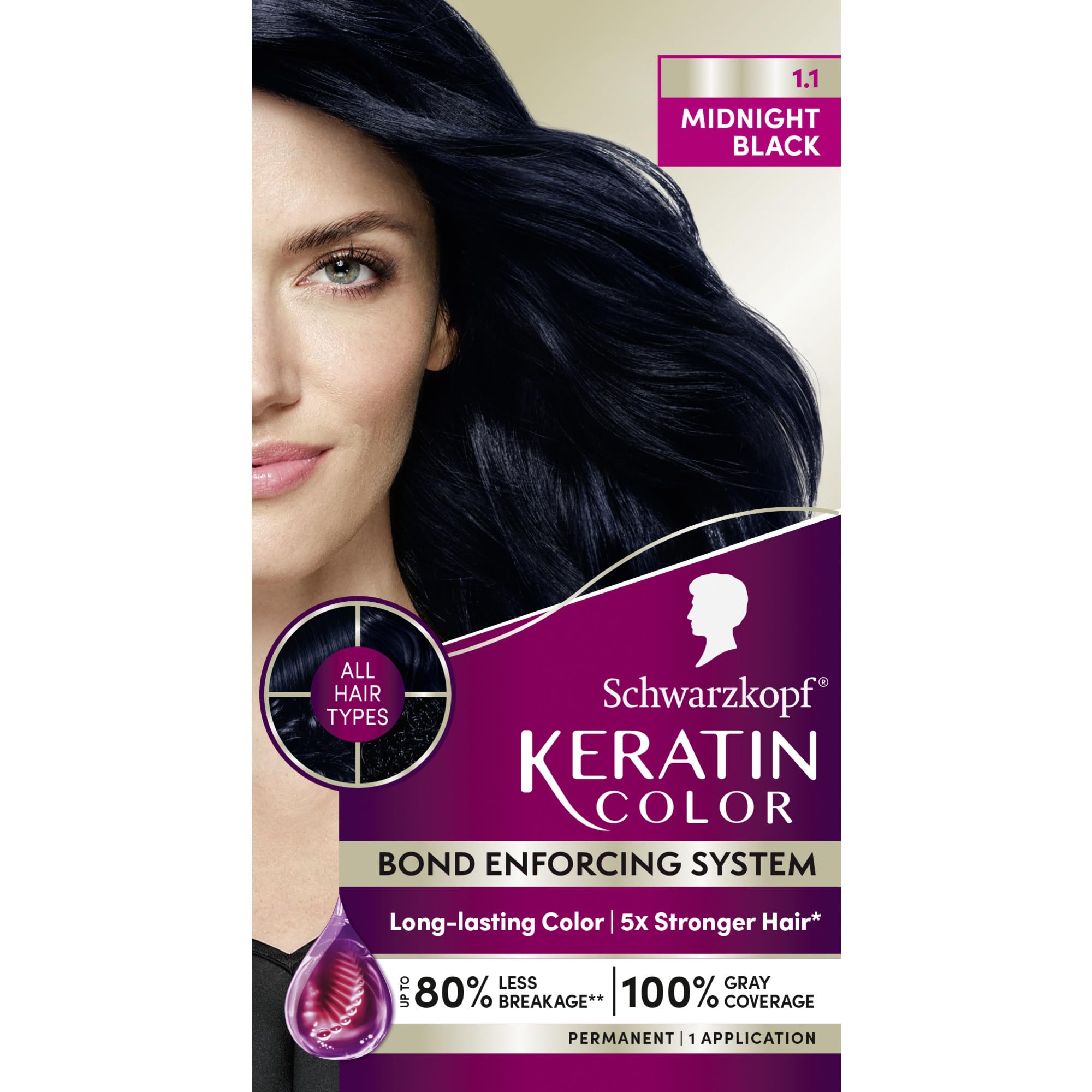 Schwarzkopf Keratin Color Permanent Hair Color, 2.6 Rich Soft Black, 1 Application - Salon Inspired Permanent Hair Dye, for up to 80% Less Breakage vs Untreated Hair and up to 100% Gray Coverage