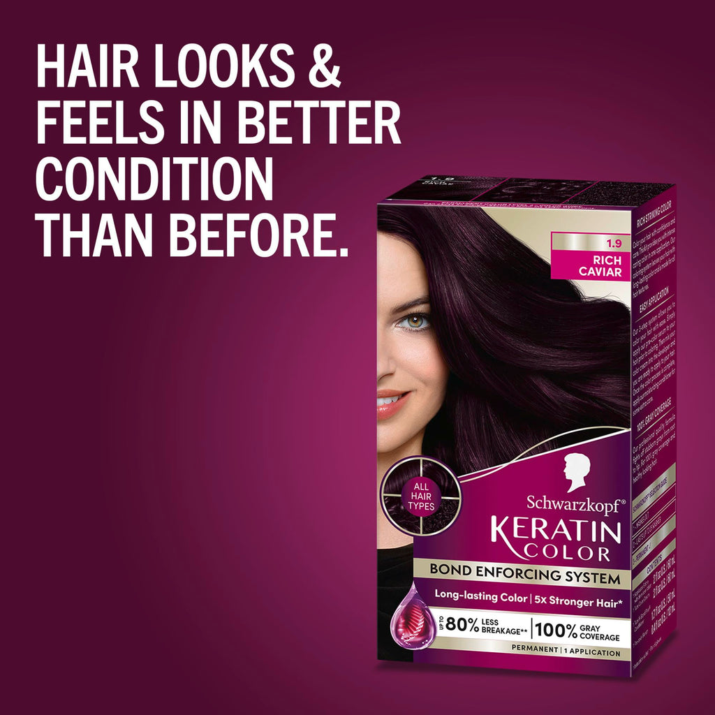 Schwarzkopf Keratin Color Permanent Hair Color, 2.6 Rich Soft Black, 1 Application - Salon Inspired Permanent Hair Dye, for up to 80% Less Breakage vs Untreated Hair and up to 100% Gray Coverage