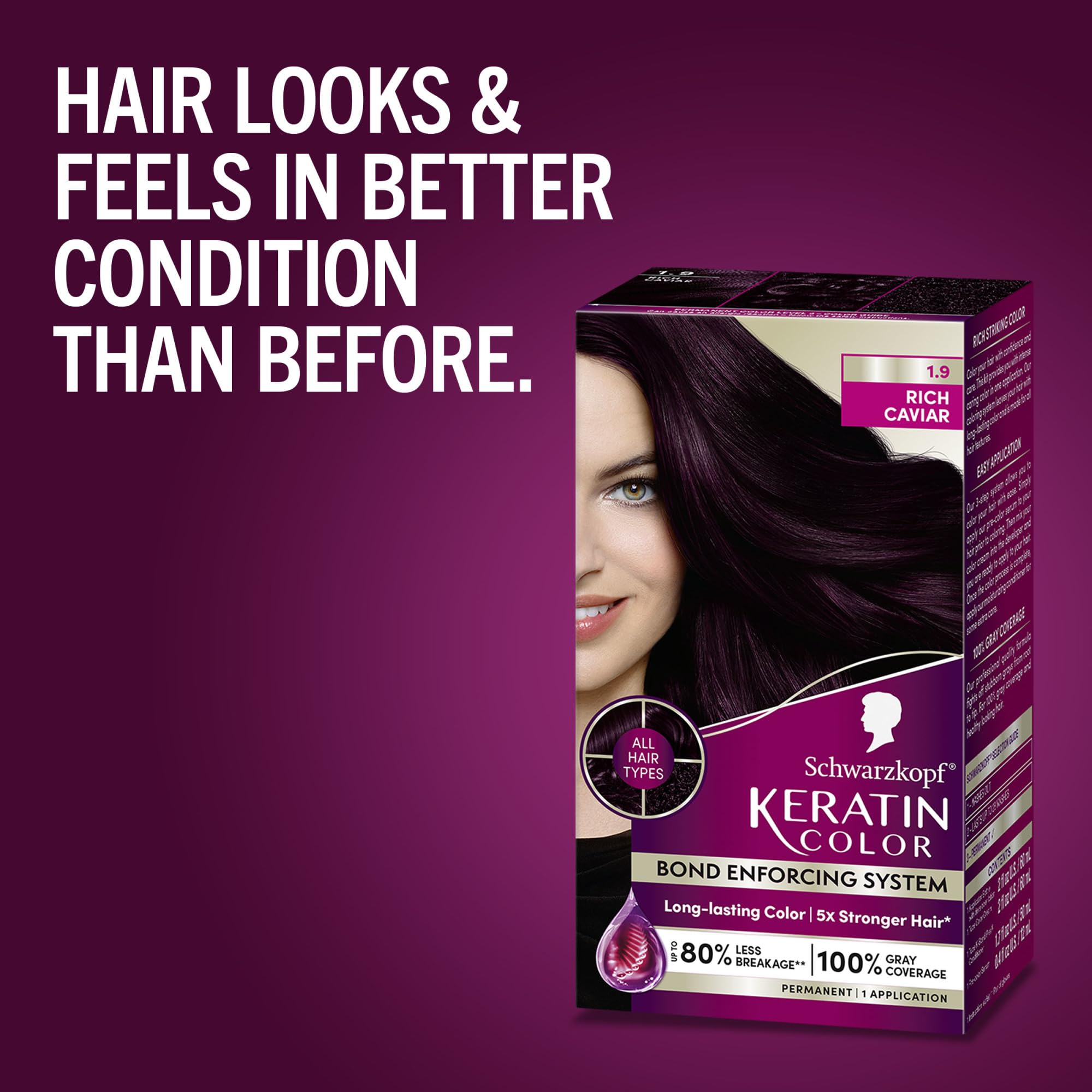 Schwarzkopf Keratin Color Permanent Hair Color, 2.6 Rich Soft Black, 1 Application - Salon Inspired Permanent Hair Dye, for up to 80% Less Breakage vs Untreated Hair and up to 100% Gray Coverage