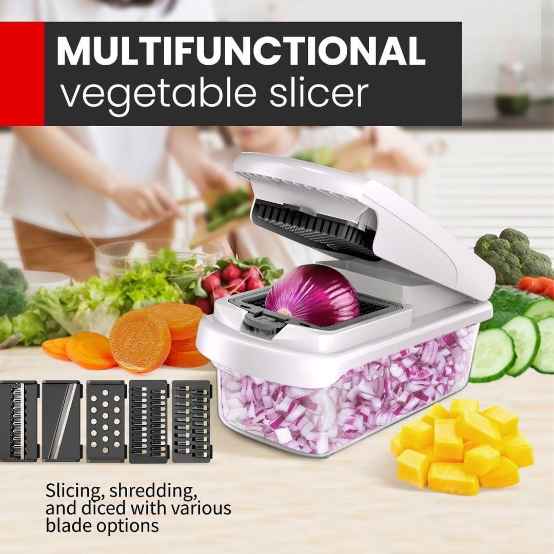 Vegetable Chopper with Container, 13-in-1 Mandoline Slicer Dicer & Spiralizer, Onion Veggie Chopper, Potato Fry Cutter, Manual Food Chopper, Kitchen Tools Gadgets