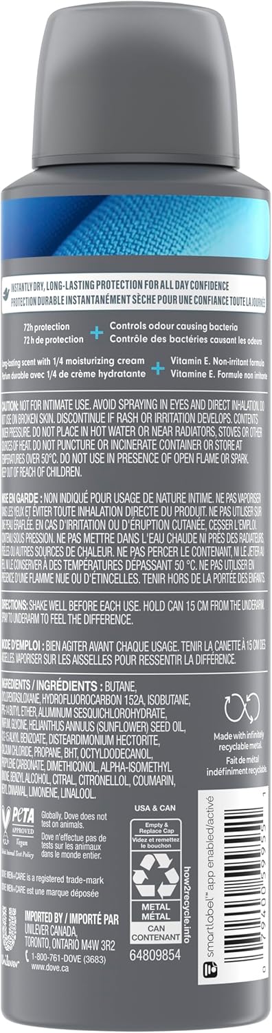 Dove Men+Care Antiperspirant Deodorant Dry Spray For Men Anti-White Marks & Yellow Stains, 72-hour Sweat and Odour Protection Stain Defense Clean with Triple Defense Technology, 107g