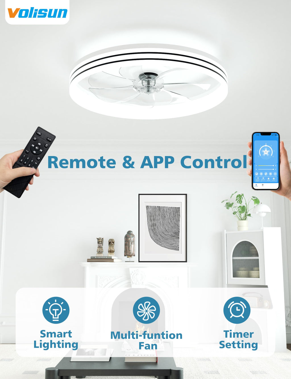 VOLISUN Low Profile Ceiling Fans with Lights and Remote, 20in Flush Mount Ceiling Fan with Light, 3000K-6500K Dimmable Fandelier LED Fan Light, Black Bladeless Ceiling Fans with Lights for Bedroom