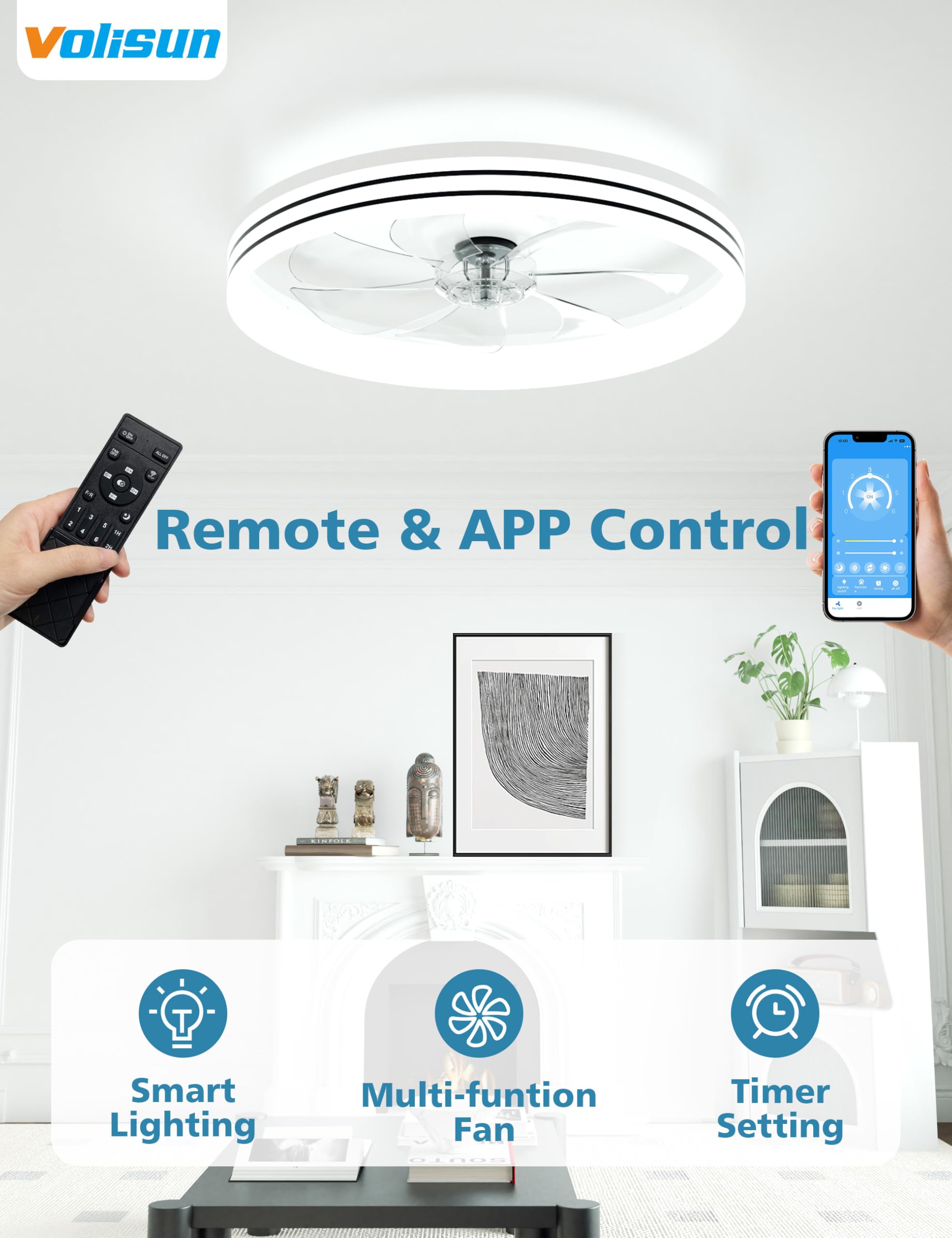 VOLISUN Low Profile Ceiling Fans with Lights and Remote, 20in Flush Mount Ceiling Fan with Light, 3000K-6500K Dimmable Fandelier LED Fan Light, Black Bladeless Ceiling Fans with Lights for Bedroom