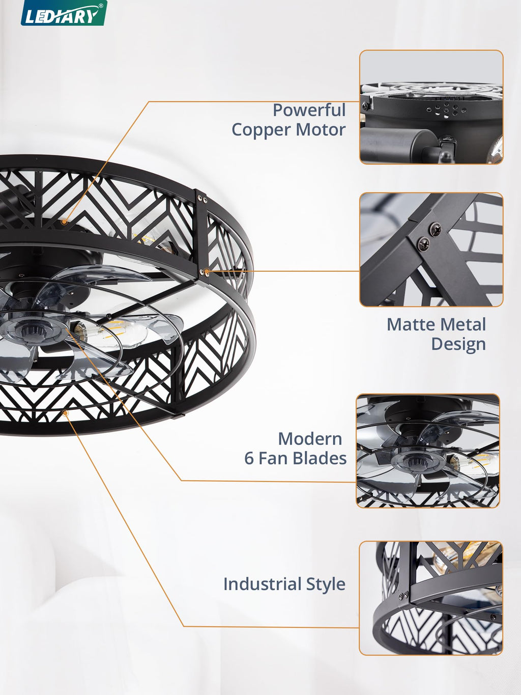 LEDIARY 20" Caged Ceiling Fan with Light, Small Flush Mount Ceiling Fan with App&Remote, Low Profile Bladeless Ceiling Fan for Bedroom, Kitchen, Dining Room-Black