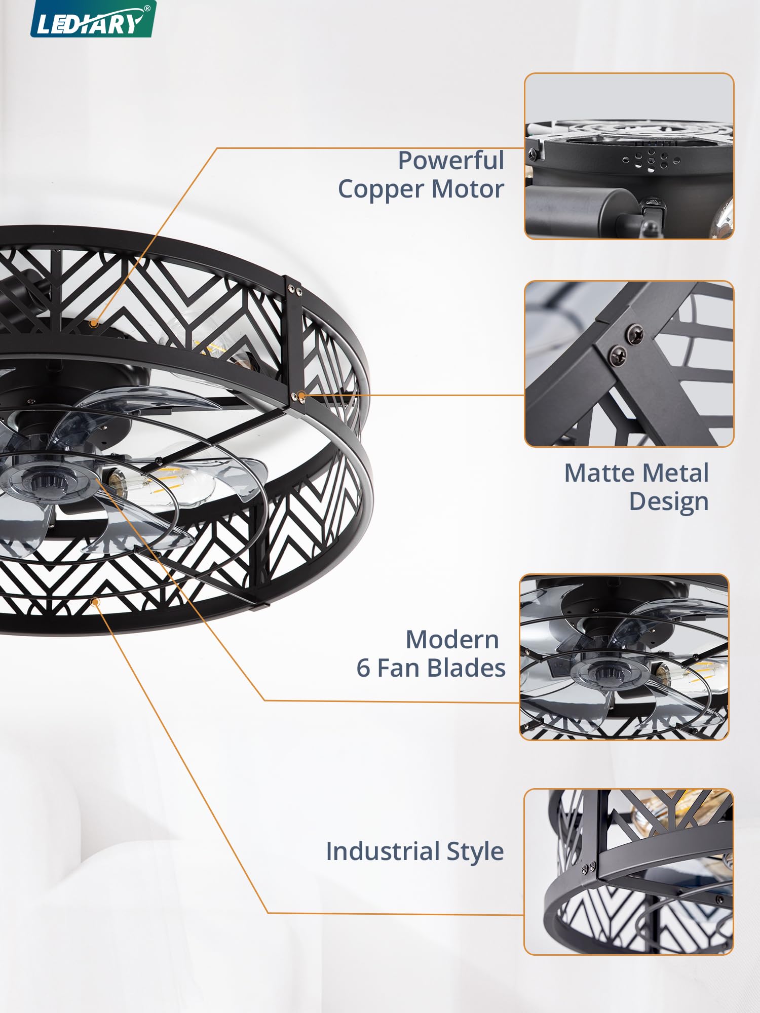 LEDIARY 20" Caged Ceiling Fan with Light, Small Flush Mount Ceiling Fan with App&Remote, Low Profile Bladeless Ceiling Fan for Bedroom, Kitchen, Dining Room-Black