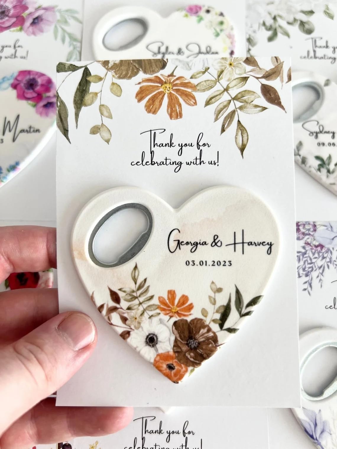 Custom Heart-Shaped Magnet Bottle Opener – Wedding Favor with Thank You Card, Personalized Gift for Guests, Bridal Shower Souvenir with Gift Bag (Pack of 30) (Bottle Opener + Gift Bag)