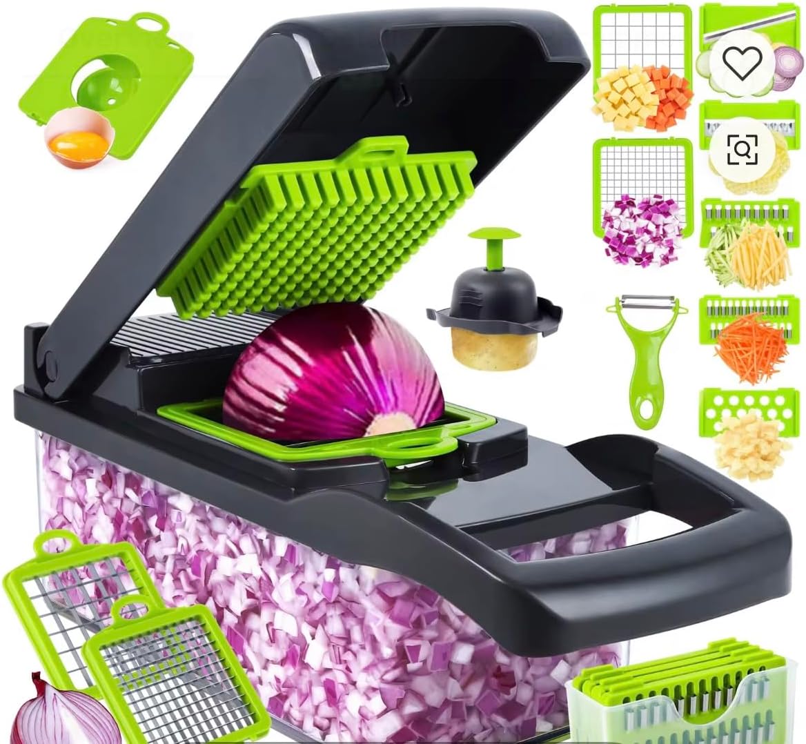 Multi-Function Vegetable Chopper and Mandoline Slicer, 12-in-1 Food Dicer with Collection Container, Black and Green Kitchen Cutter for Onions, Fruits, Vegetables