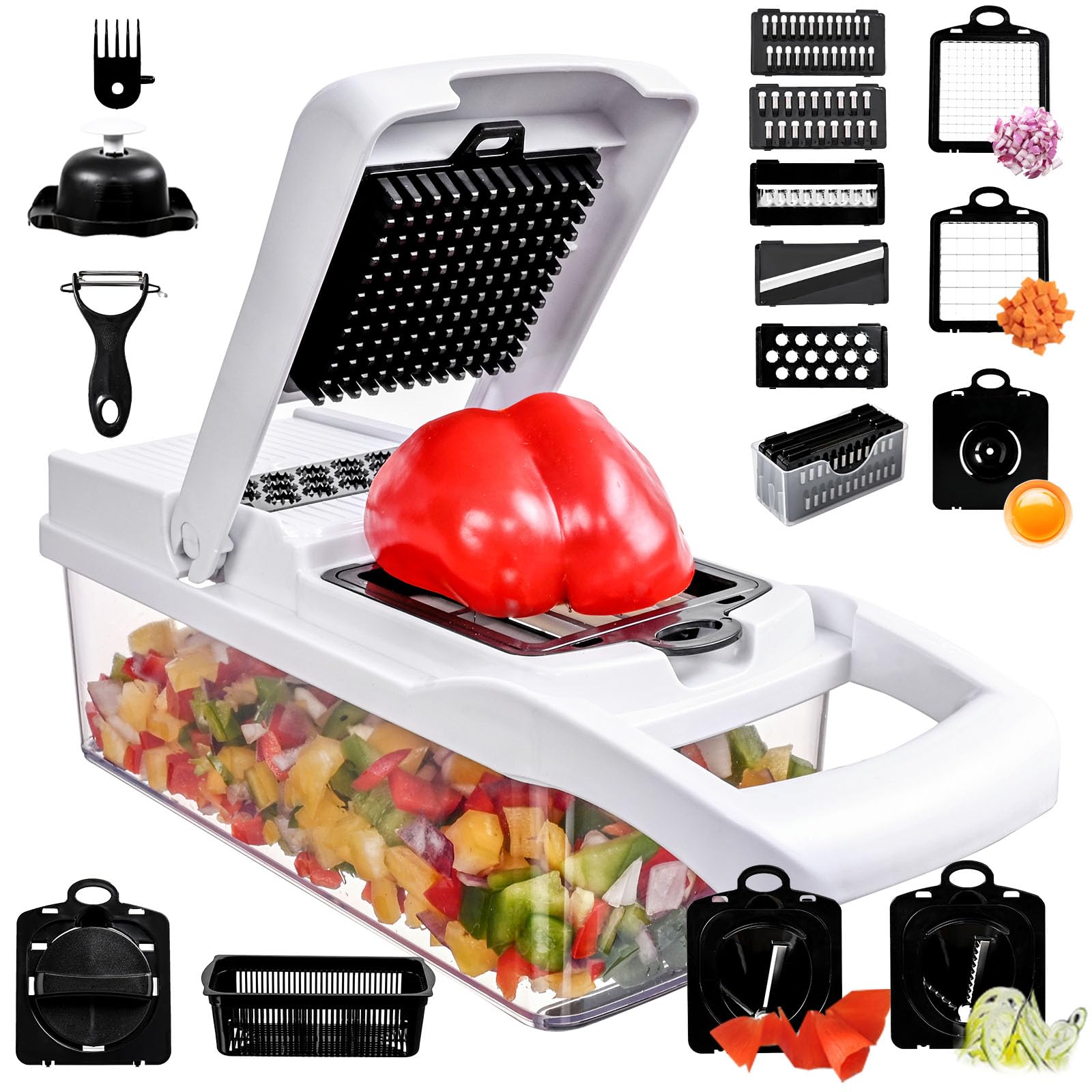 Veggie Slicer Chopper Dicer and Cutter Multifunctional 17-in-1 Vegetable Mandoline Chopper with Container, 11 Interchangable Blades, Drain Strainer, Cleaning Brush, Hand Protector (White)