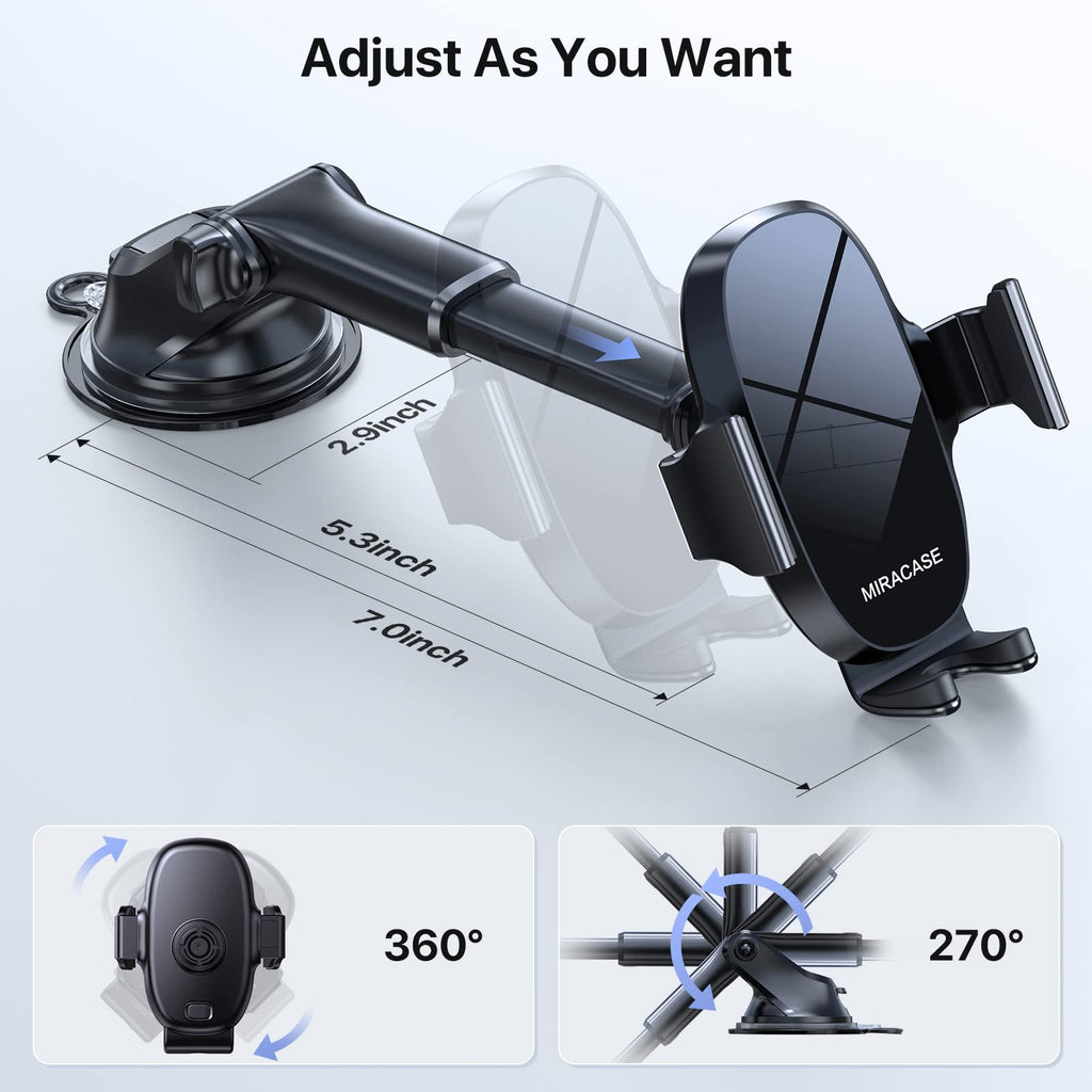 Miracase Car Phone Mount, [Upgraded Strong Military Grade Suction Cup] Long Arm Phone Holder for Car Dashboard Windshield Vent, Hands Free Cell Phone Holder Compatible with All Mobile Phones