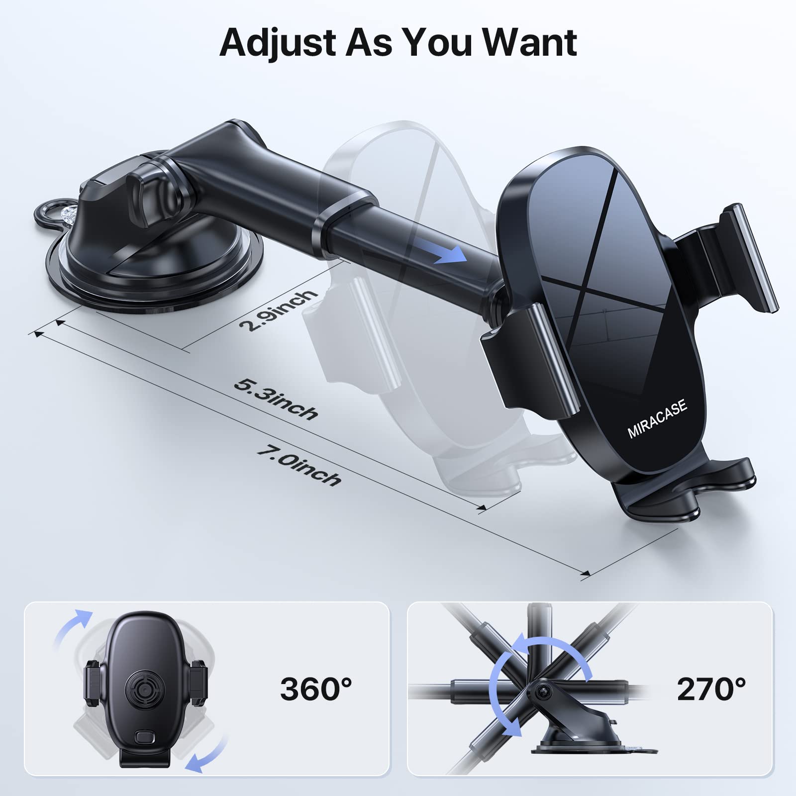 Miracase Car Phone Mount, [Upgraded Strong Military Grade Suction Cup] Long Arm Phone Holder for Car Dashboard Windshield Vent, Hands Free Cell Phone Holder Compatible with All Mobile Phones