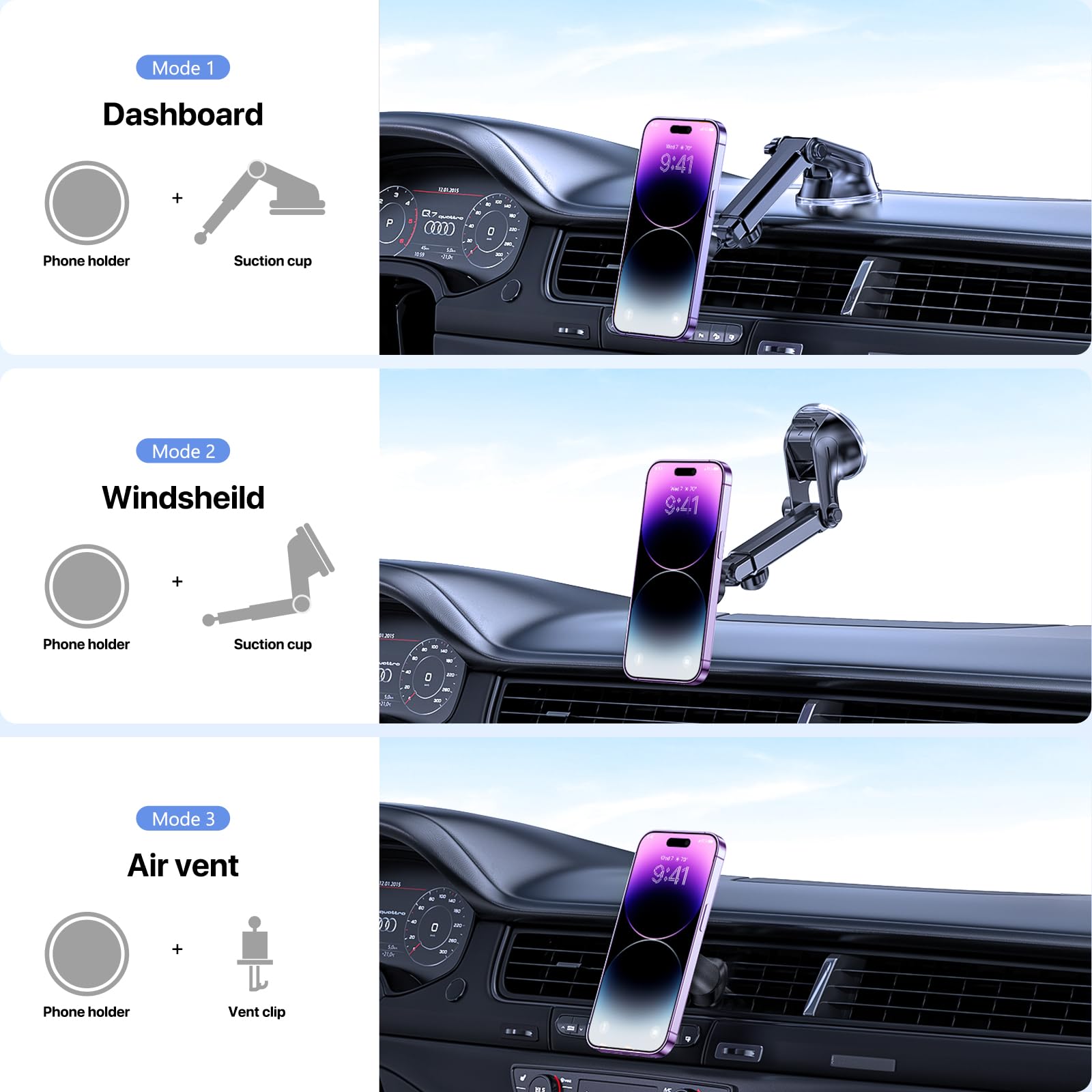 Miracase Car Phone Mount, [Upgraded Strong Military Grade Suction Cup] Long Arm Phone Holder for Car Dashboard Windshield Vent, Hands Free Cell Phone Holder Compatible with All Mobile Phones
