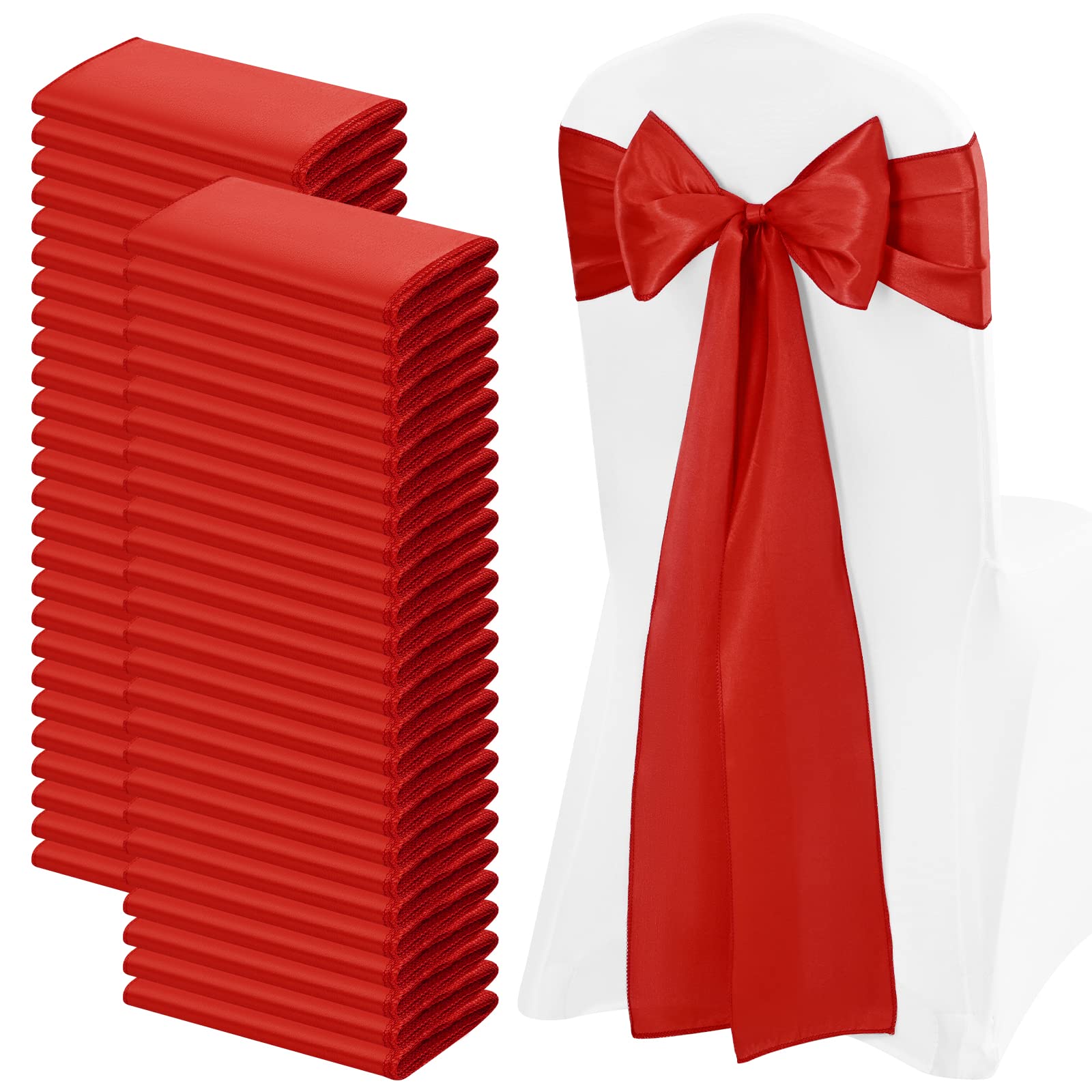 100 PCS Satin Chair Sashes Red Bows Sashes for Chair Covers, Washable Reusable Chair Cover Back Tie Supplies for Wedding Reception Events Banquets Home Kitchen Decoration (7 x 108 inch)