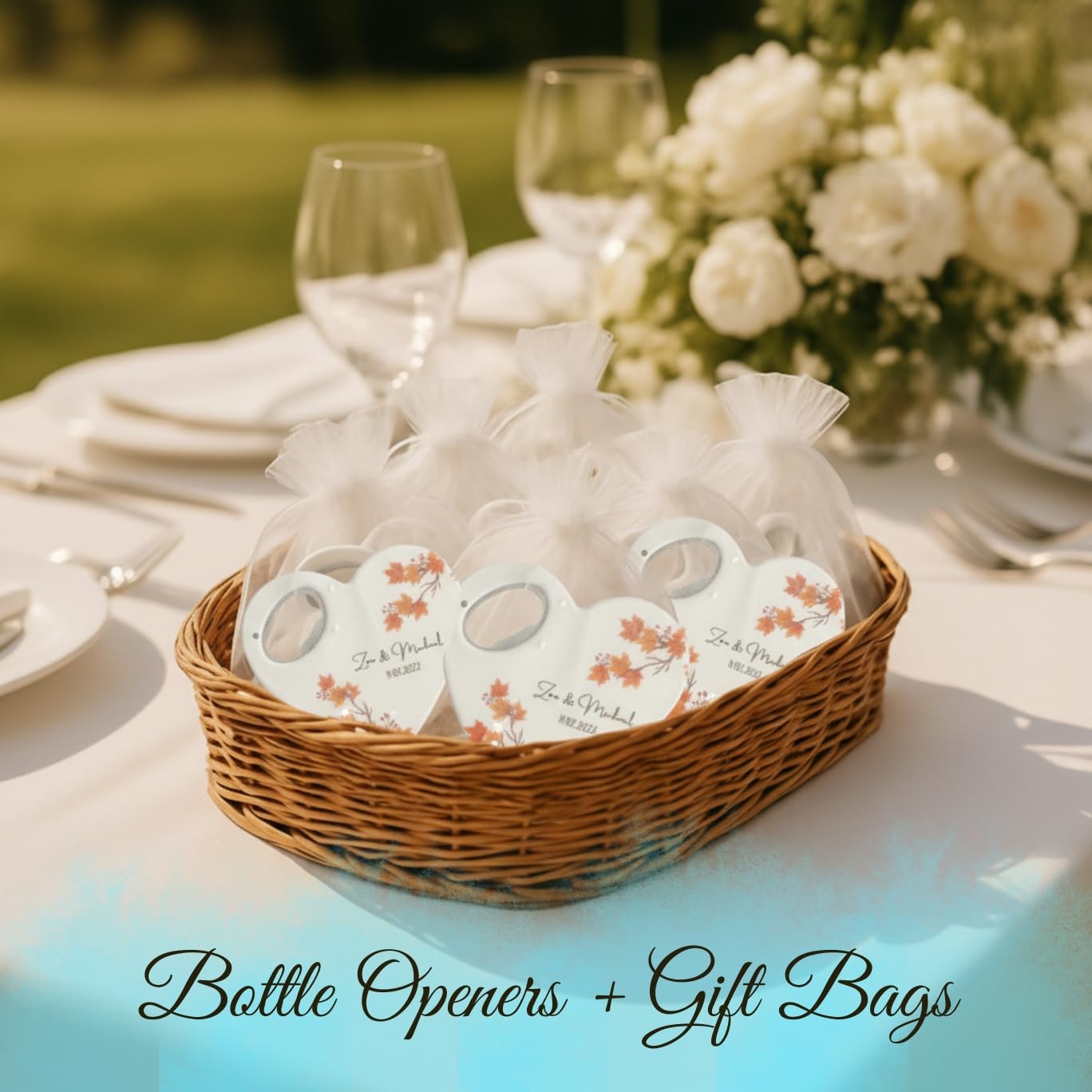 Custom Heart-Shaped Magnet Bottle Opener – Wedding Favor with Thank You Card, Personalized Gift for Guests, Bridal Shower Souvenir with Gift Bag (Pack of 30) (Bottle Opener + Gift Bag)
