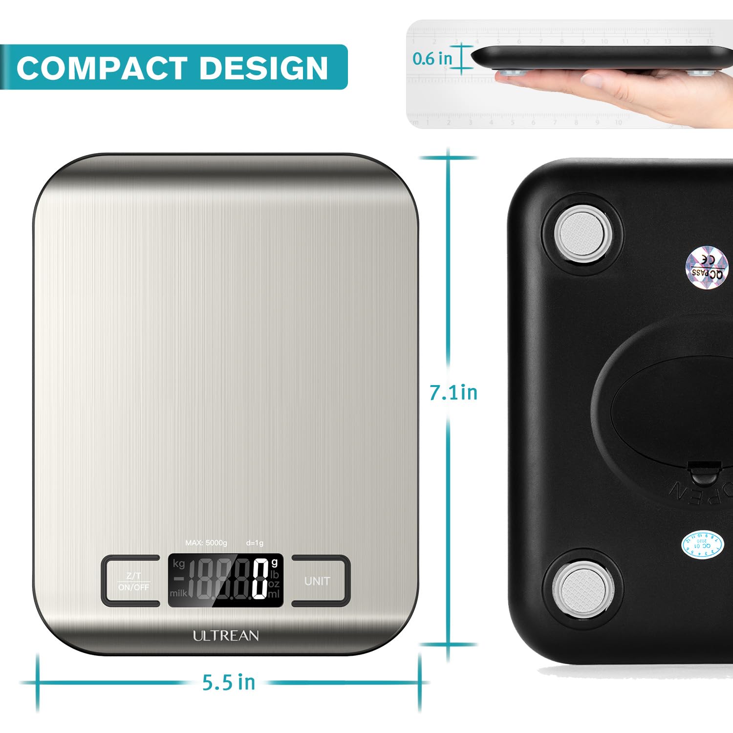 Ultrean Food Scale, Digital Kitchen Scale Weight Grams and Ounces for Baking and Cooking, 6 Units with Tare Function, 11lb (Batteries Included) (Black)