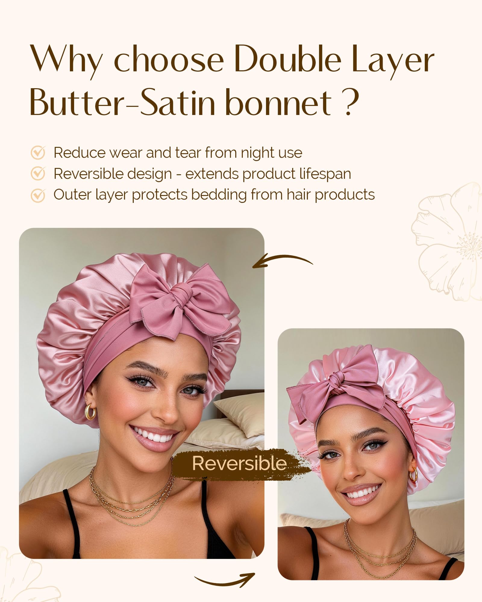 YANIBEST Double Layer Satin Silk Bonnet for Sleeping Hair Bonnet with Elastic Tie Band for Curly Hair Wig Caps
