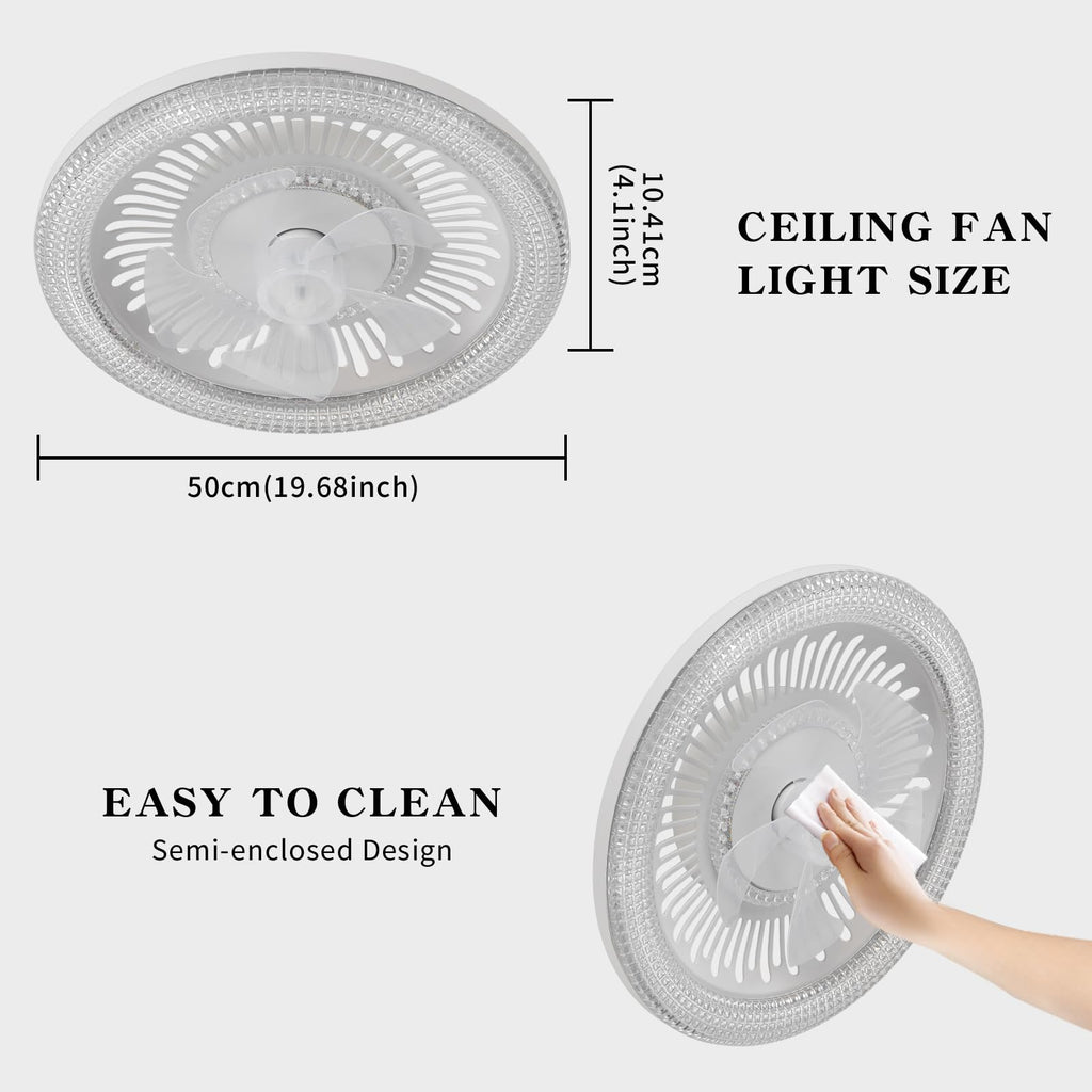 Ceiling Fan with Lights and Remote,20'' Low Profile Ceiling Fans with Lights, Fandelier Ceiling Fan Light,DC Quiet Motor,3000K-6500K Dimmable,Modern Flush Mount Ceiling Fan for Bedroom,White