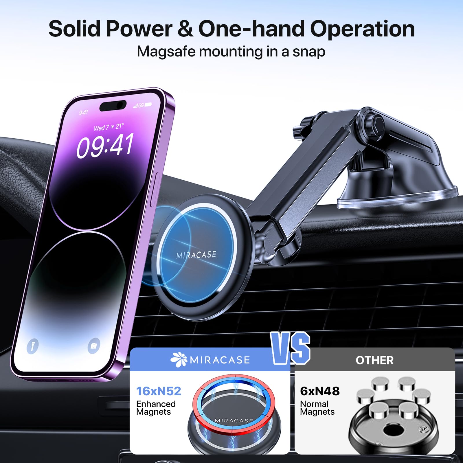 Miracase Car Phone Mount, [Upgraded Strong Military Grade Suction Cup] Long Arm Phone Holder for Car Dashboard Windshield Vent, Hands Free Cell Phone Holder Compatible with All Mobile Phones