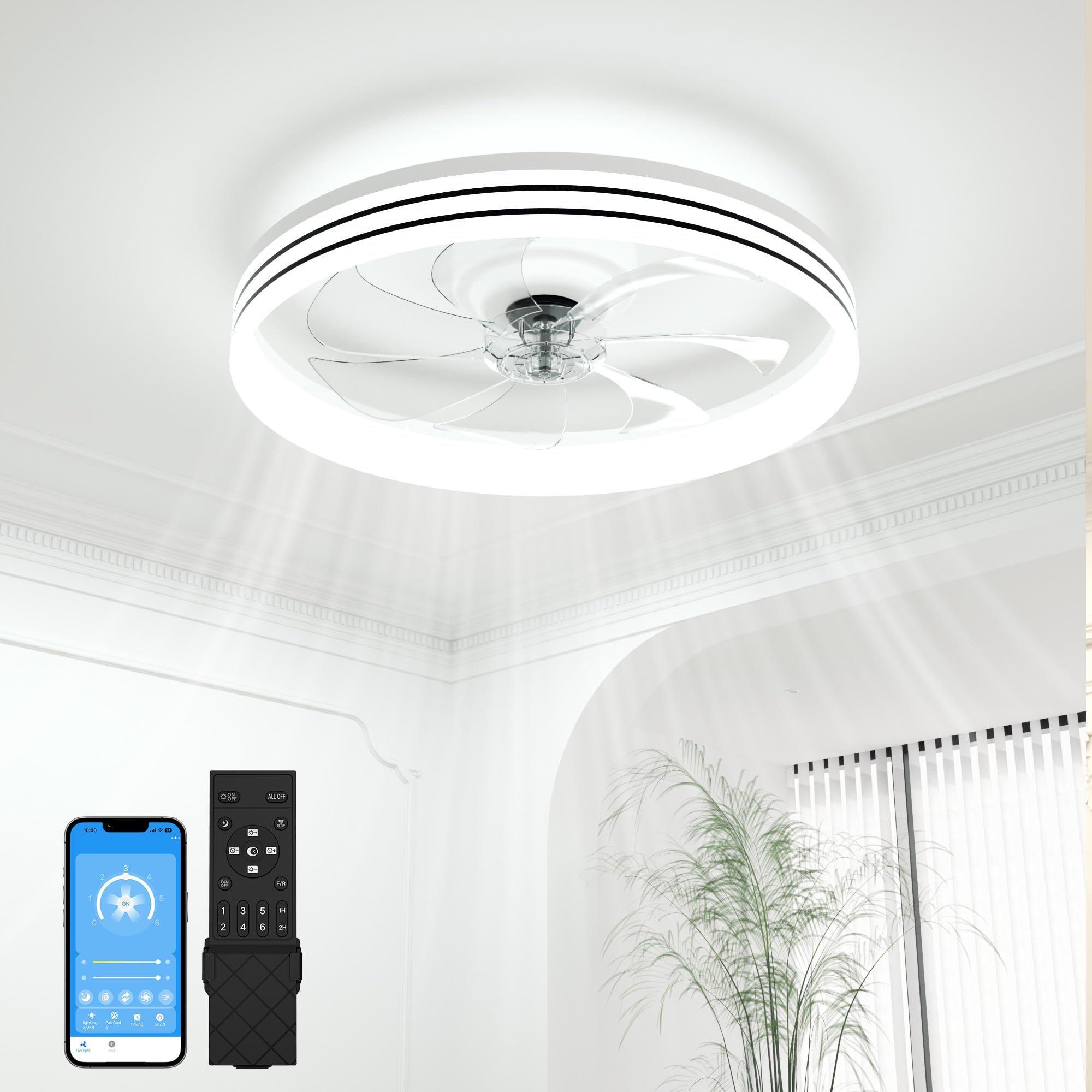 VOLISUN Low Profile Ceiling Fans with Lights and Remote, 20in Flush Mount Ceiling Fan with Light, 3000K-6500K Dimmable Fandelier LED Fan Light, Black Bladeless Ceiling Fans with Lights for Bedroom