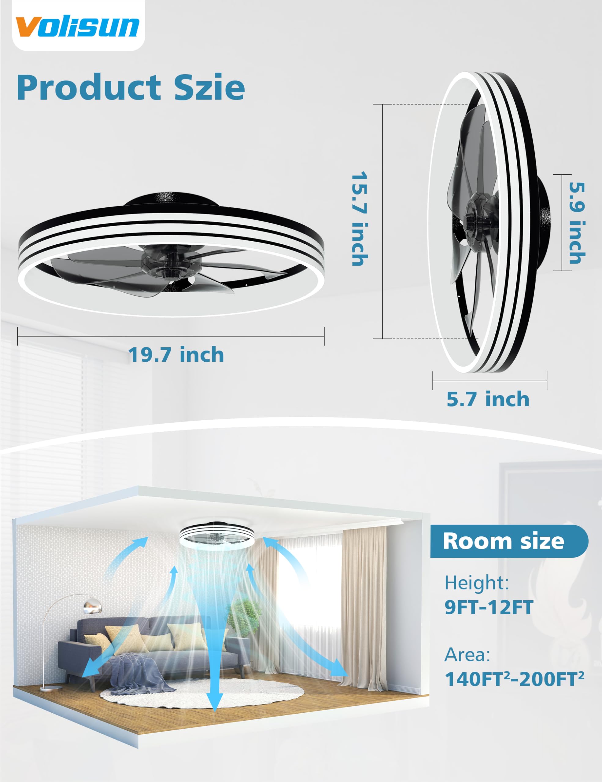 VOLISUN Low Profile Ceiling Fans with Lights and Remote, 20in Flush Mount Ceiling Fan with Light, 3000K-6500K Dimmable Fandelier LED Fan Light, Black Bladeless Ceiling Fans with Lights for Bedroom