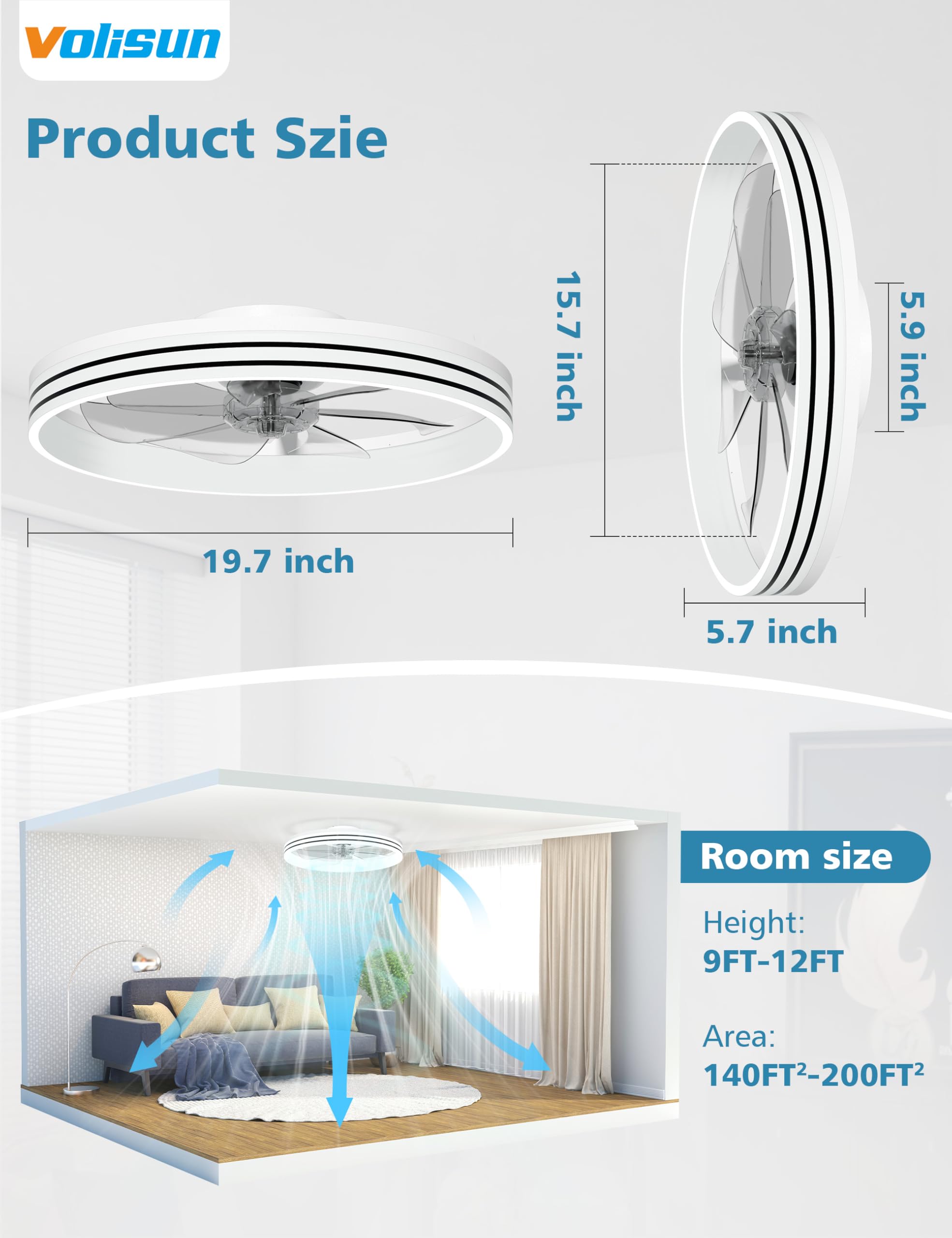 VOLISUN Low Profile Ceiling Fans with Lights and Remote, 20in Flush Mount Ceiling Fan with Light, 3000K-6500K Dimmable Fandelier LED Fan Light, Black Bladeless Ceiling Fans with Lights for Bedroom