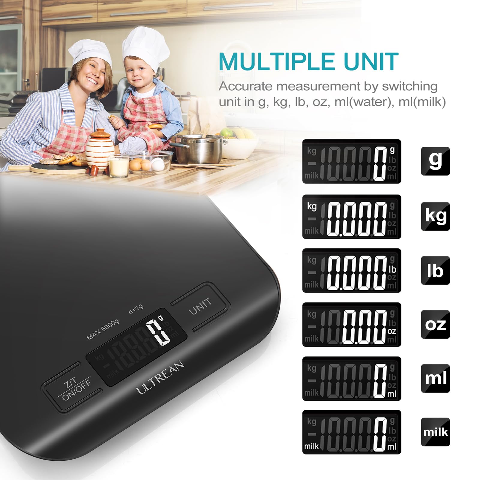 Ultrean Food Scale, Digital Kitchen Scale Weight Grams and Ounces for Baking and Cooking, 6 Units with Tare Function, 11lb (Batteries Included) (Black)
