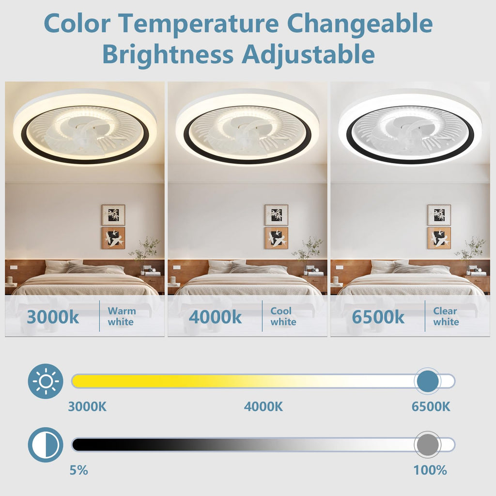 Ceiling Fan with Lights and Remote,20'' Low Profile Ceiling Fans with Lights, Fandelier Ceiling Fan Light,DC Quiet Motor,3000K-6500K Dimmable,Modern Flush Mount Ceiling Fan for Bedroom,White
