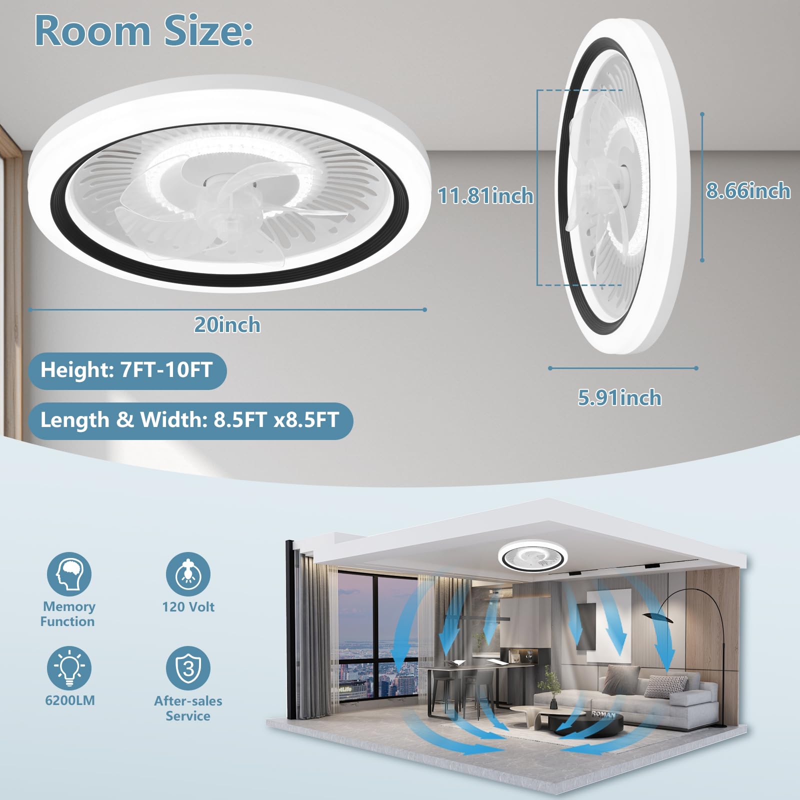 Ceiling Fan with Lights and Remote,20'' Low Profile Ceiling Fans with Lights, Fandelier Ceiling Fan Light,DC Quiet Motor,3000K-6500K Dimmable,Modern Flush Mount Ceiling Fan for Bedroom,White