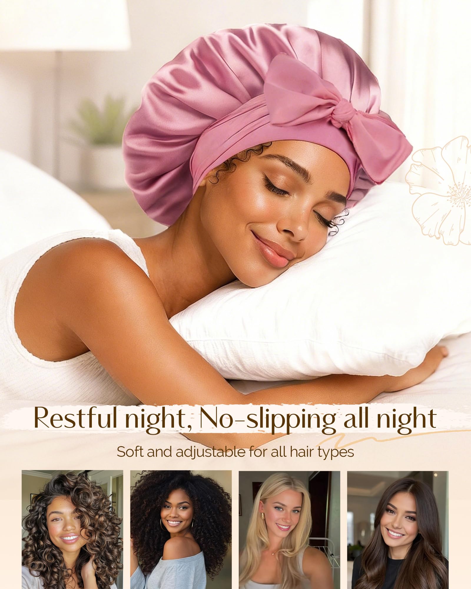 YANIBEST Double Layer Satin Silk Bonnet for Sleeping Hair Bonnet with Elastic Tie Band for Curly Hair Wig Caps