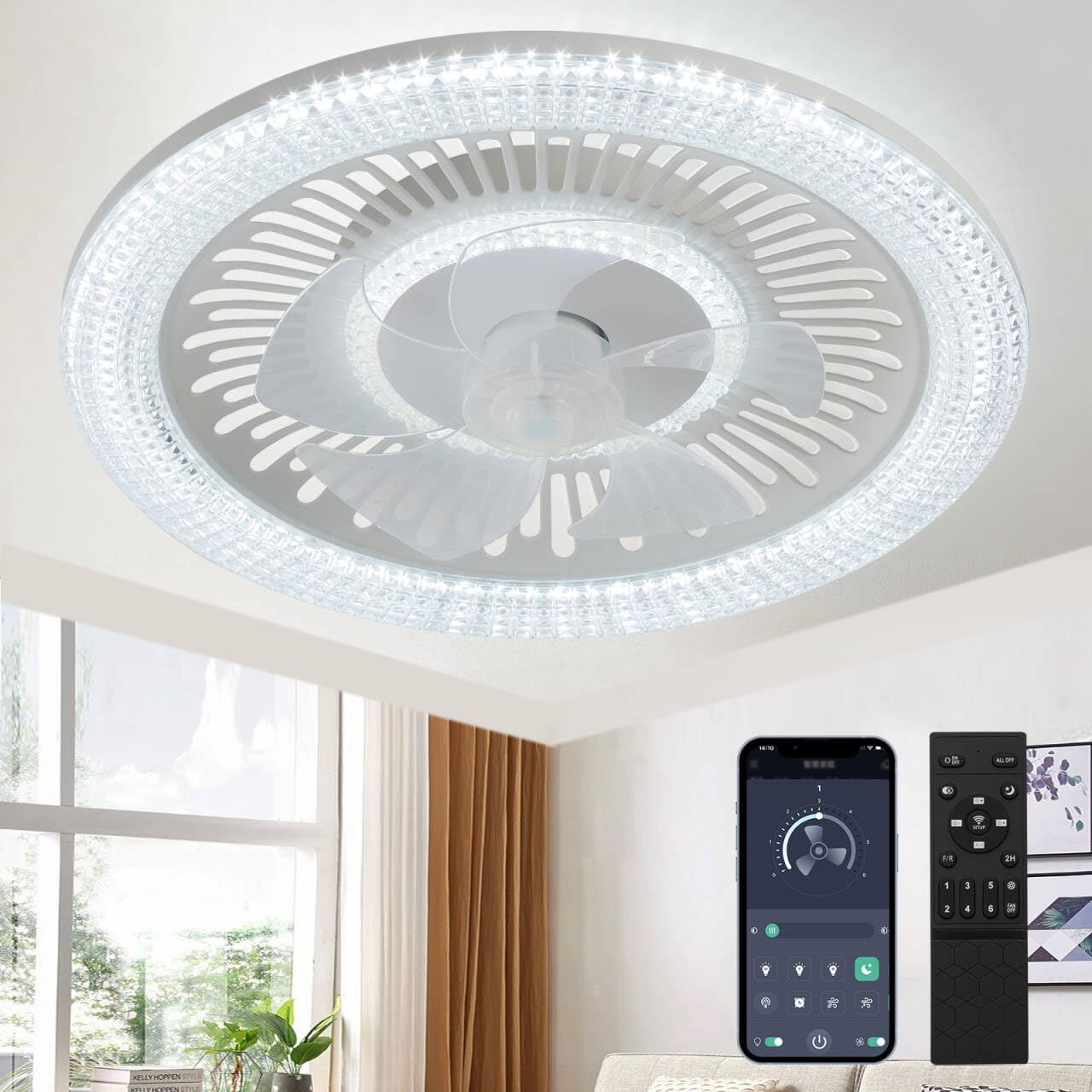 Ceiling Fan with Lights and Remote,20'' Low Profile Ceiling Fans with Lights, Fandelier Ceiling Fan Light,DC Quiet Motor,3000K-6500K Dimmable,Modern Flush Mount Ceiling Fan for Bedroom,White