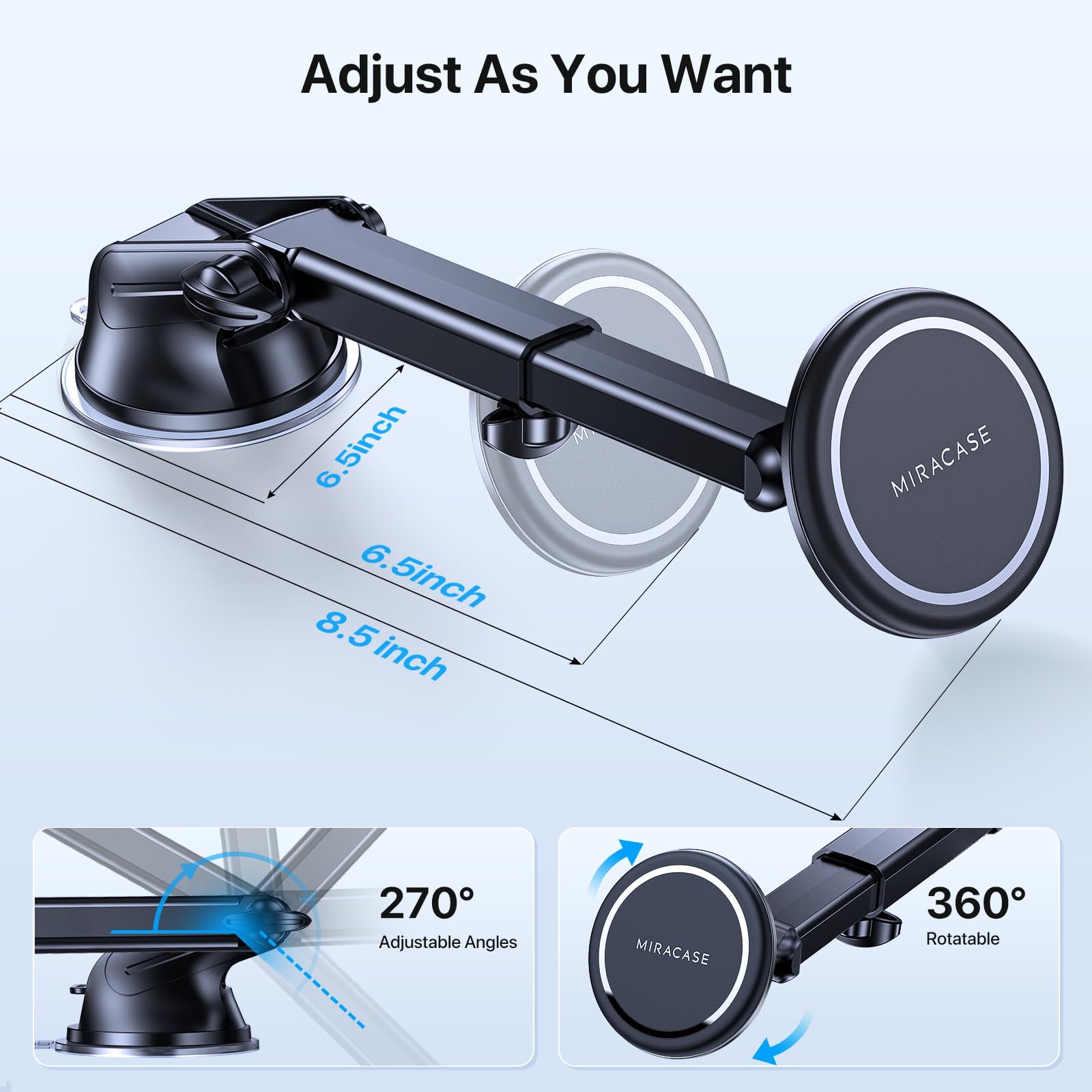 Miracase Car Phone Mount, [Upgraded Strong Military Grade Suction Cup] Long Arm Phone Holder for Car Dashboard Windshield Vent, Hands Free Cell Phone Holder Compatible with All Mobile Phones