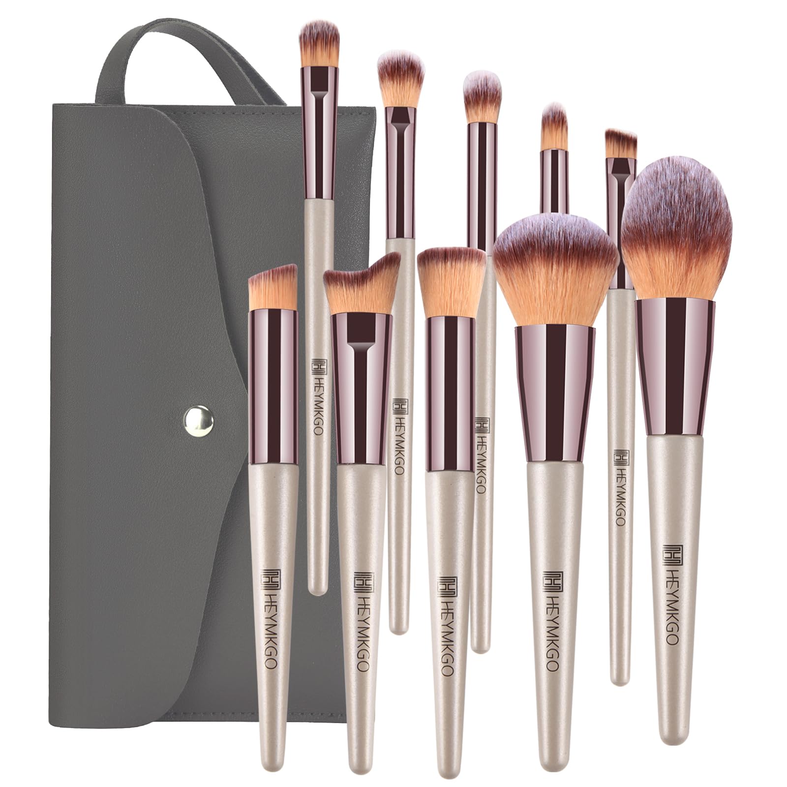Makeup Brushes Set, HEYMKGO Portable Makeup Brush Set Professional Champagne Gold Premium Synthetic Foundation Brush Powder Concealers Eye Shadows Blush with Cosmetic Bag 10PCS Common Types